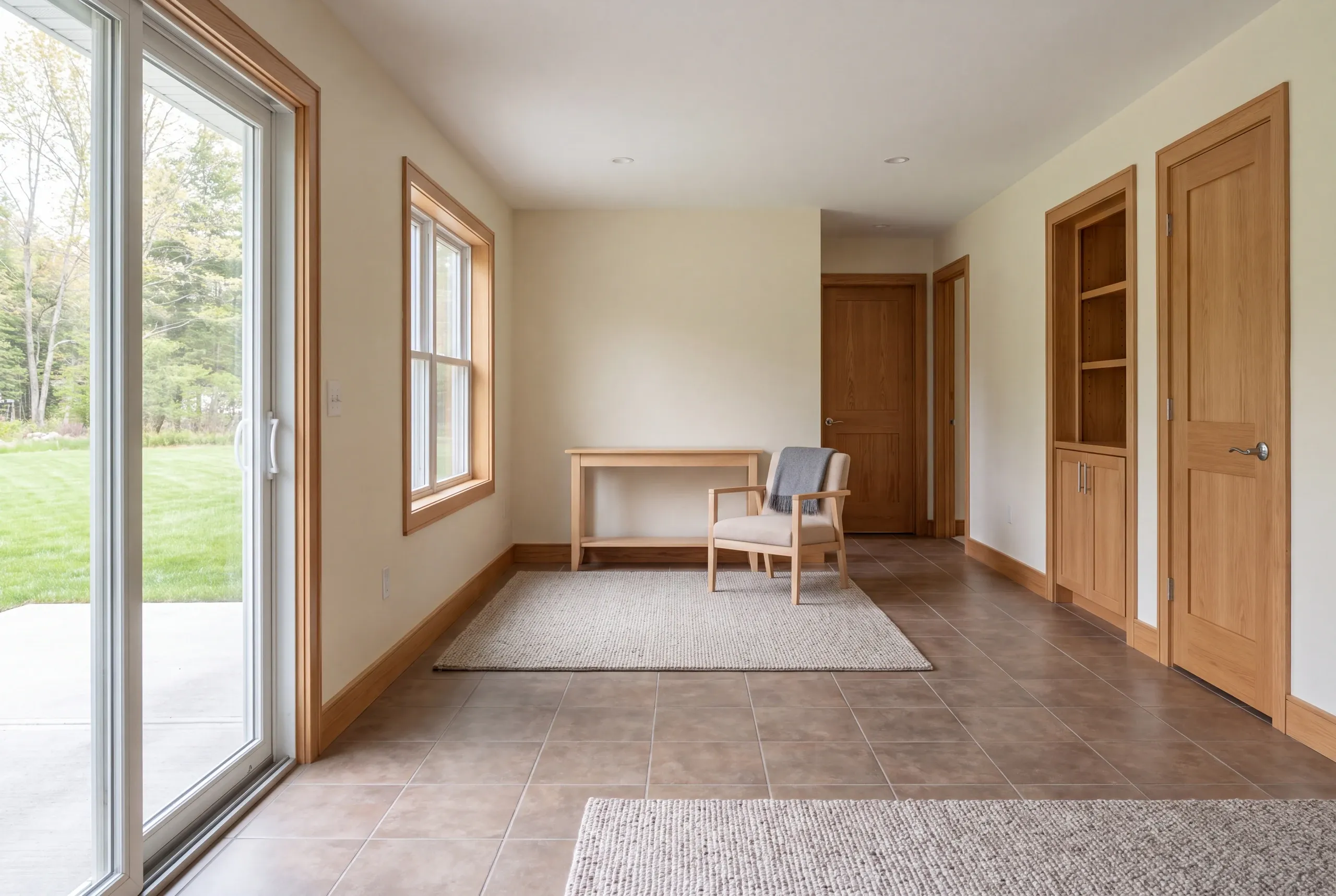 A finished lower-level room with tiled floors, a chair, console table, sliding glass door, and wooden doors leading to other areas.