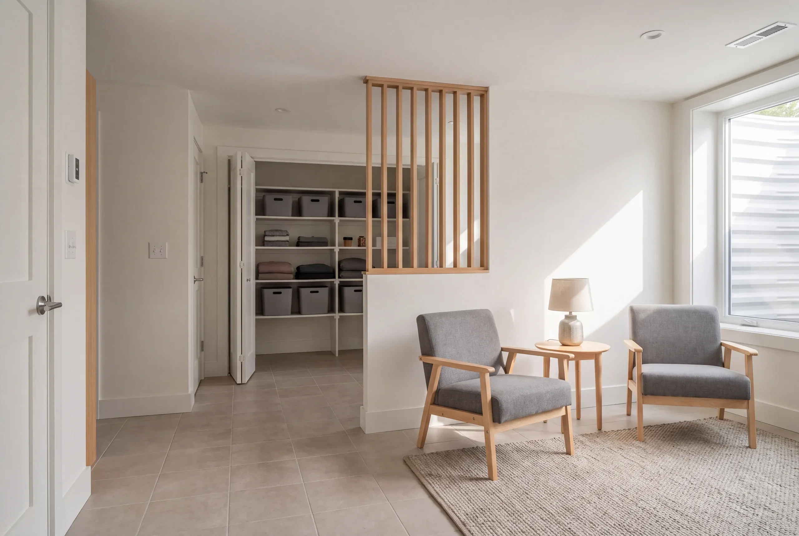 A newly finished basement room with a wooden slat partition separating a seating area from a walk-in storage closet.