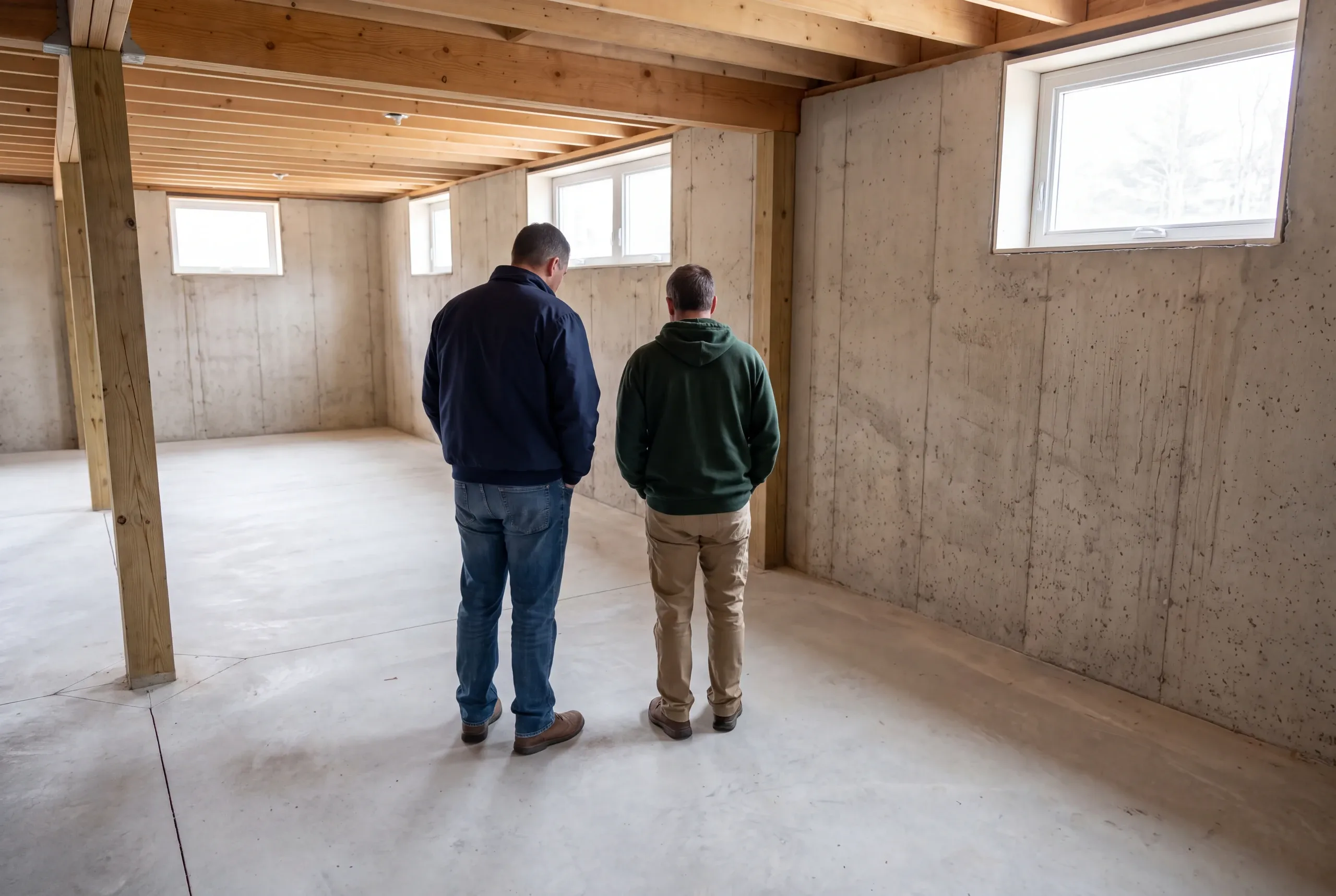 Two men stand in an unfinished concrete basement looking toward the back wall.