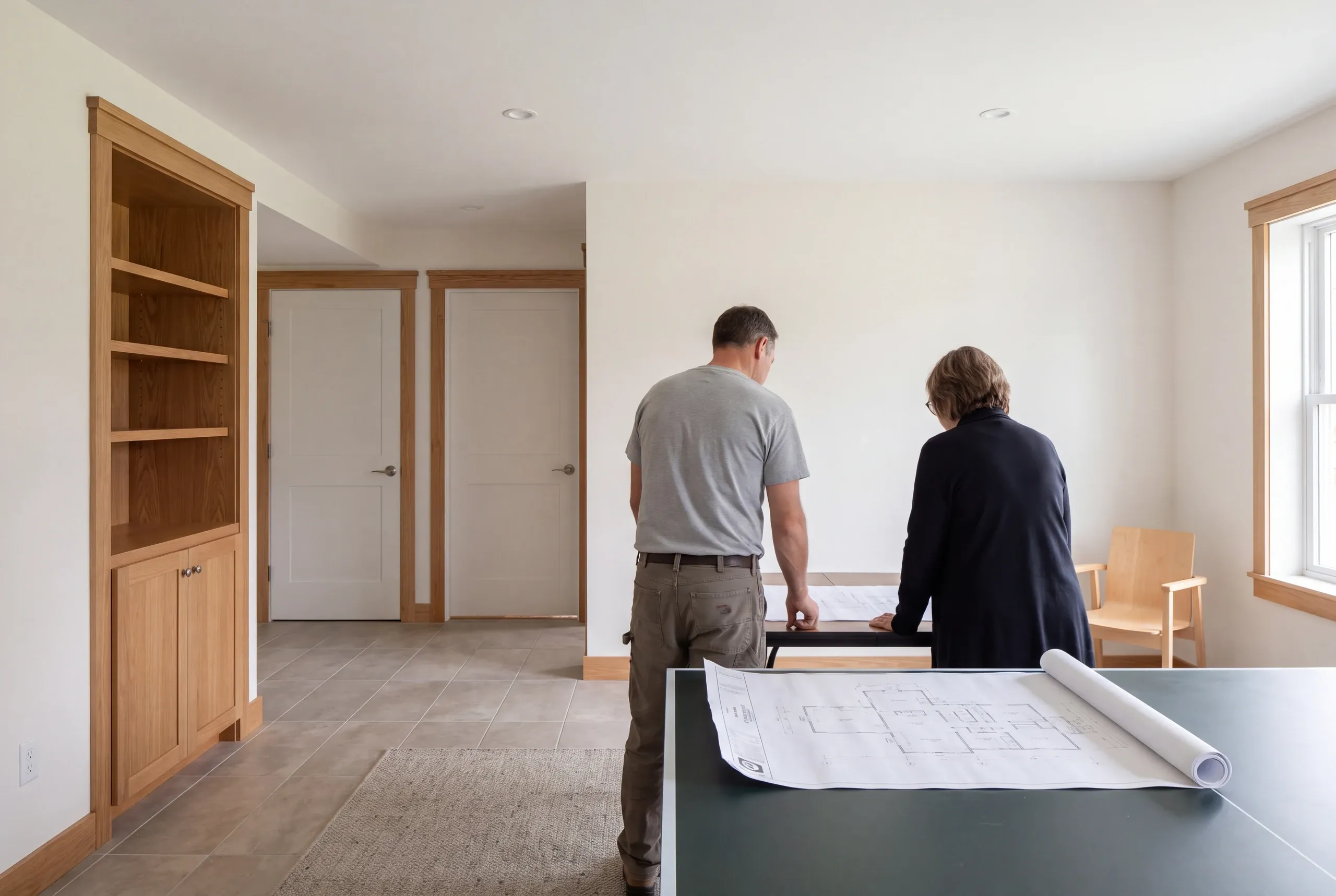 Two adults stand from behind reviewing a floor plan on a table inside a finished room with wooden trim and closed doors.