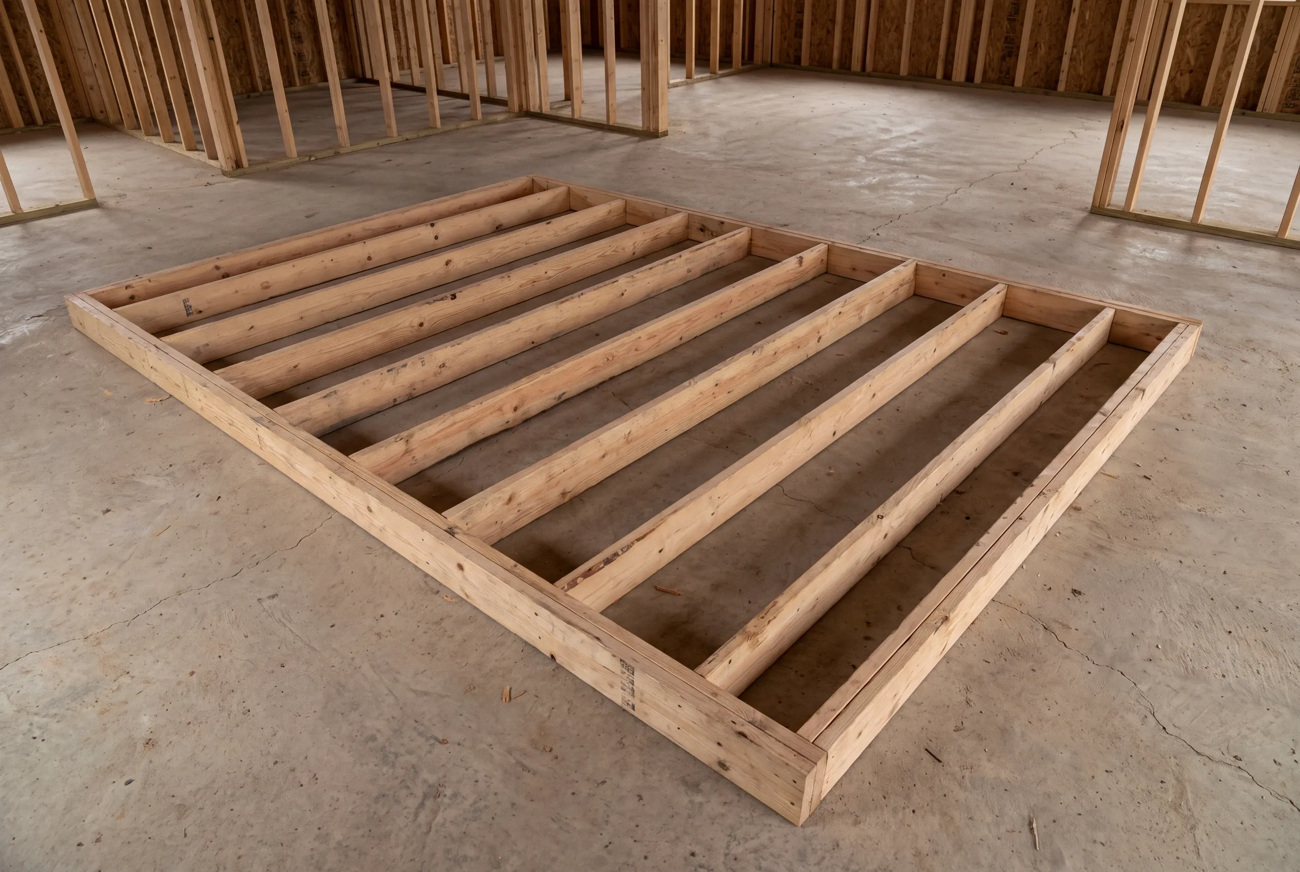 A wooden interior partition wall frame lies flat on a concrete slab floor within a building under construction.