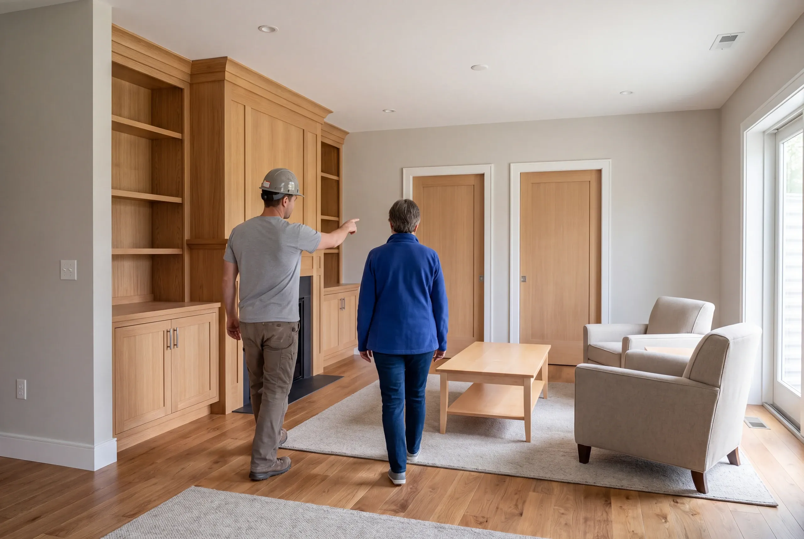 Two people viewed from behind walk across a finished room with built-in wooden shelving, a coffee table, and two armchairs.