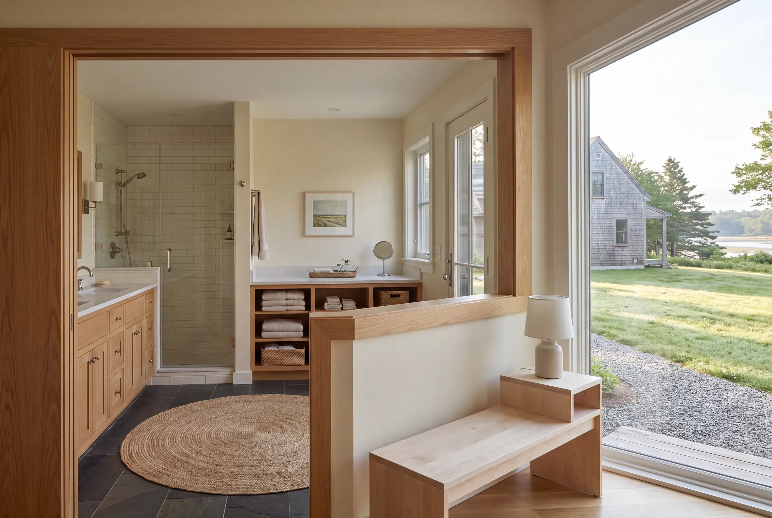 Interior view showing a finished bathroom with a wooden vanity, glass shower enclosure, round jute rug, and an adjoining hallway with a bench and large window overlooking an outdoor landscape.