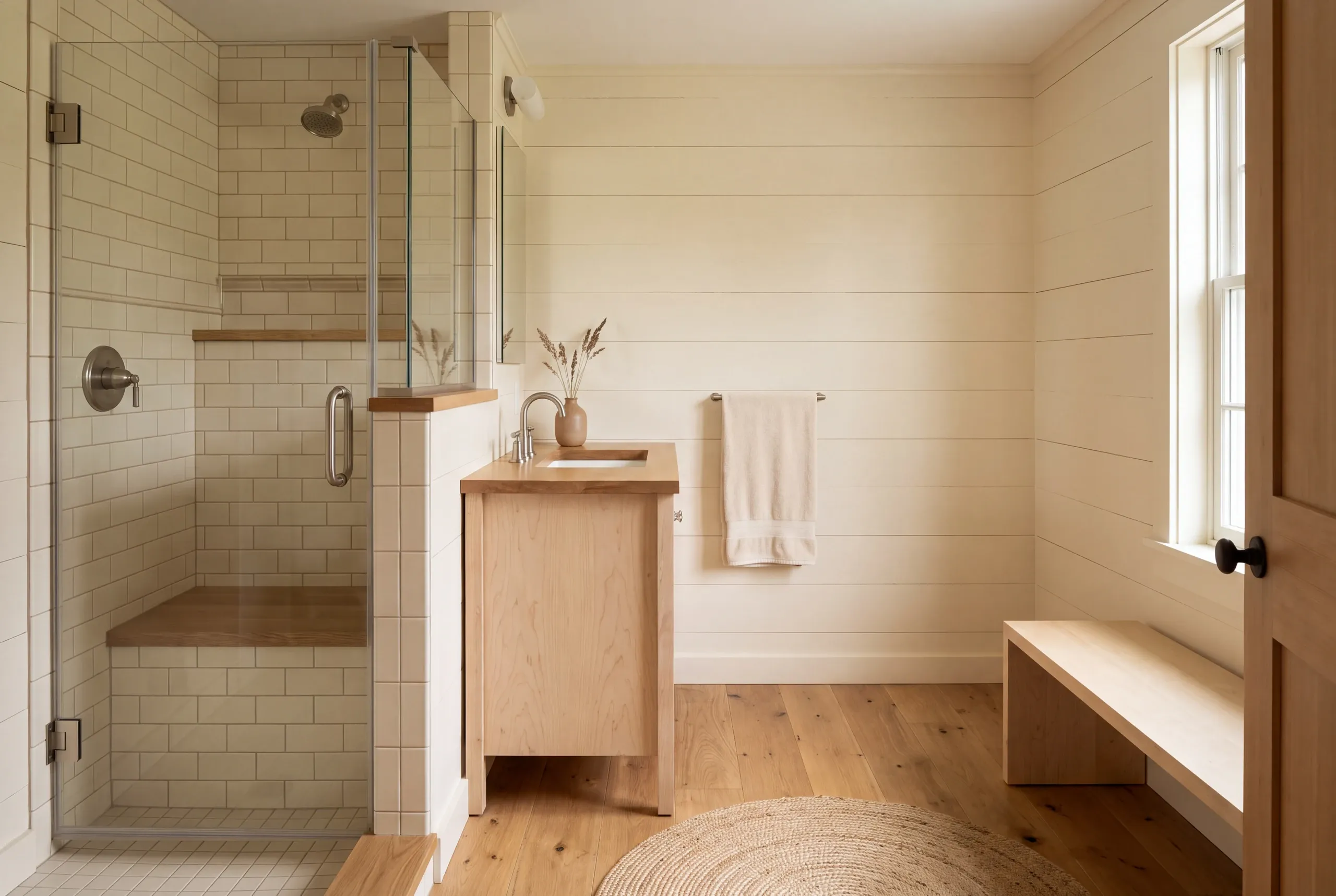 Bathroom remodeling in Arrowsic, ME: a brightly lit bathroom features a tiled walk-in shower with a glass door on the left, a light wood vanity with a sink in the center, and a wooden bench under a window on the right.
