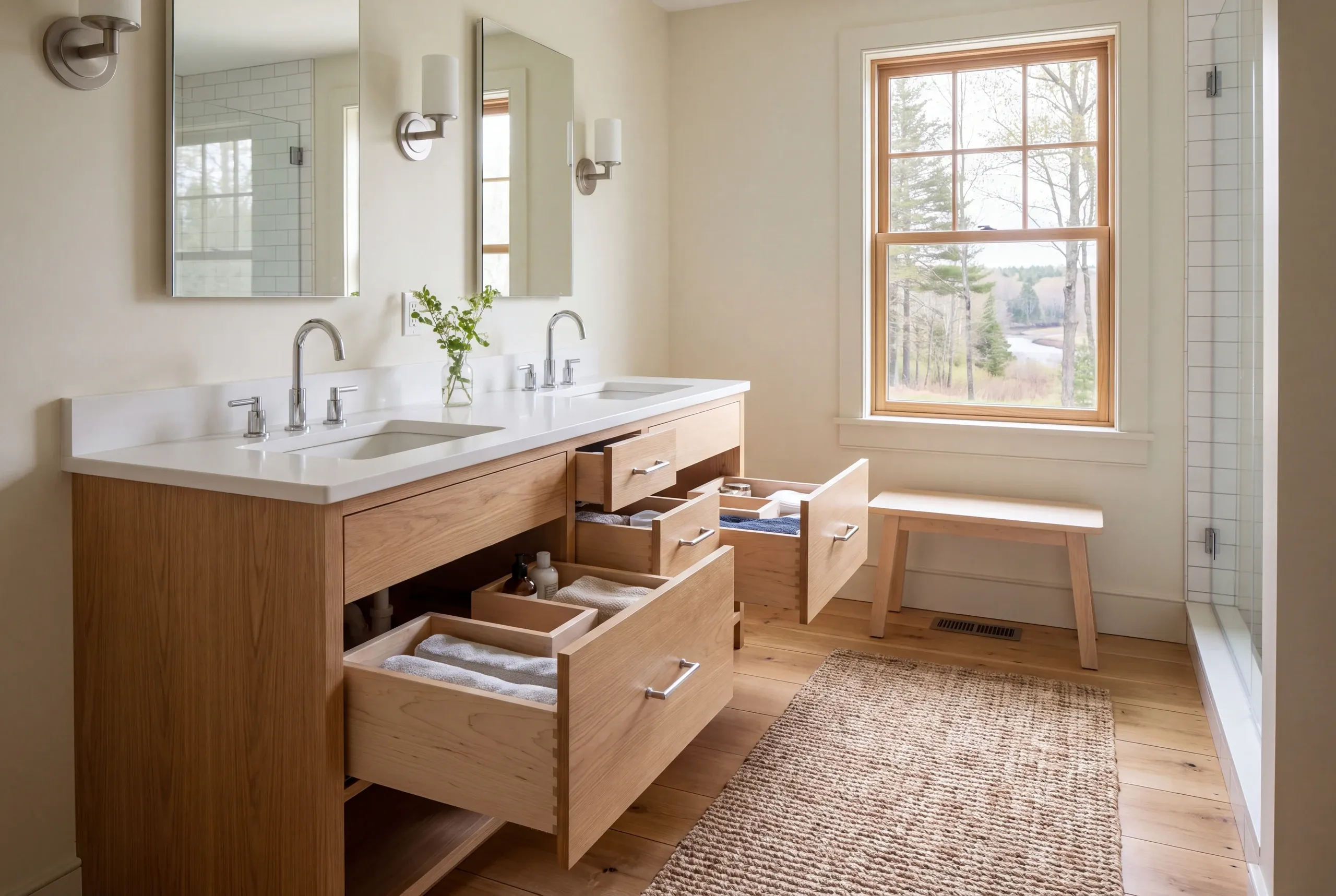 A bright bathroom features a wooden double-sink vanity with multiple open drawers, two mirrors with wall sconces, a window with a wooded view, a wooden bench, a jute rug, and a tiled shower.