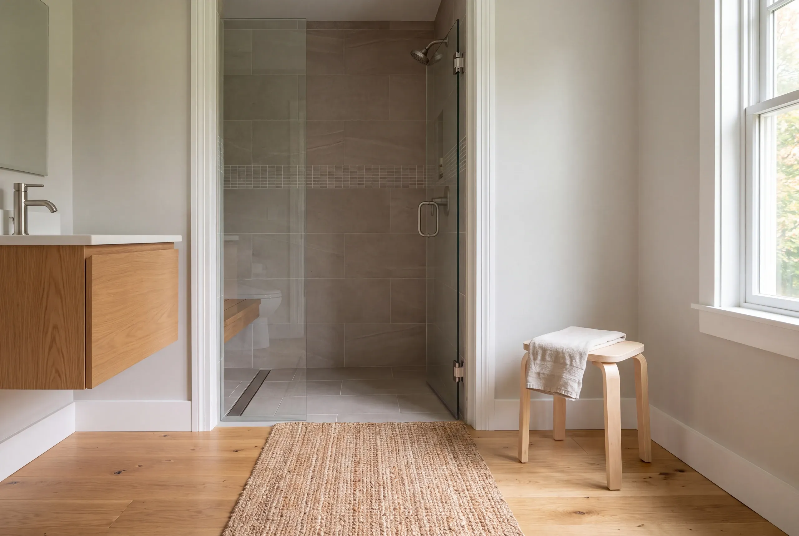 A finished bathroom with a glass-enclosed tile shower, wooden vanity, a small stool with a towel, and a window.