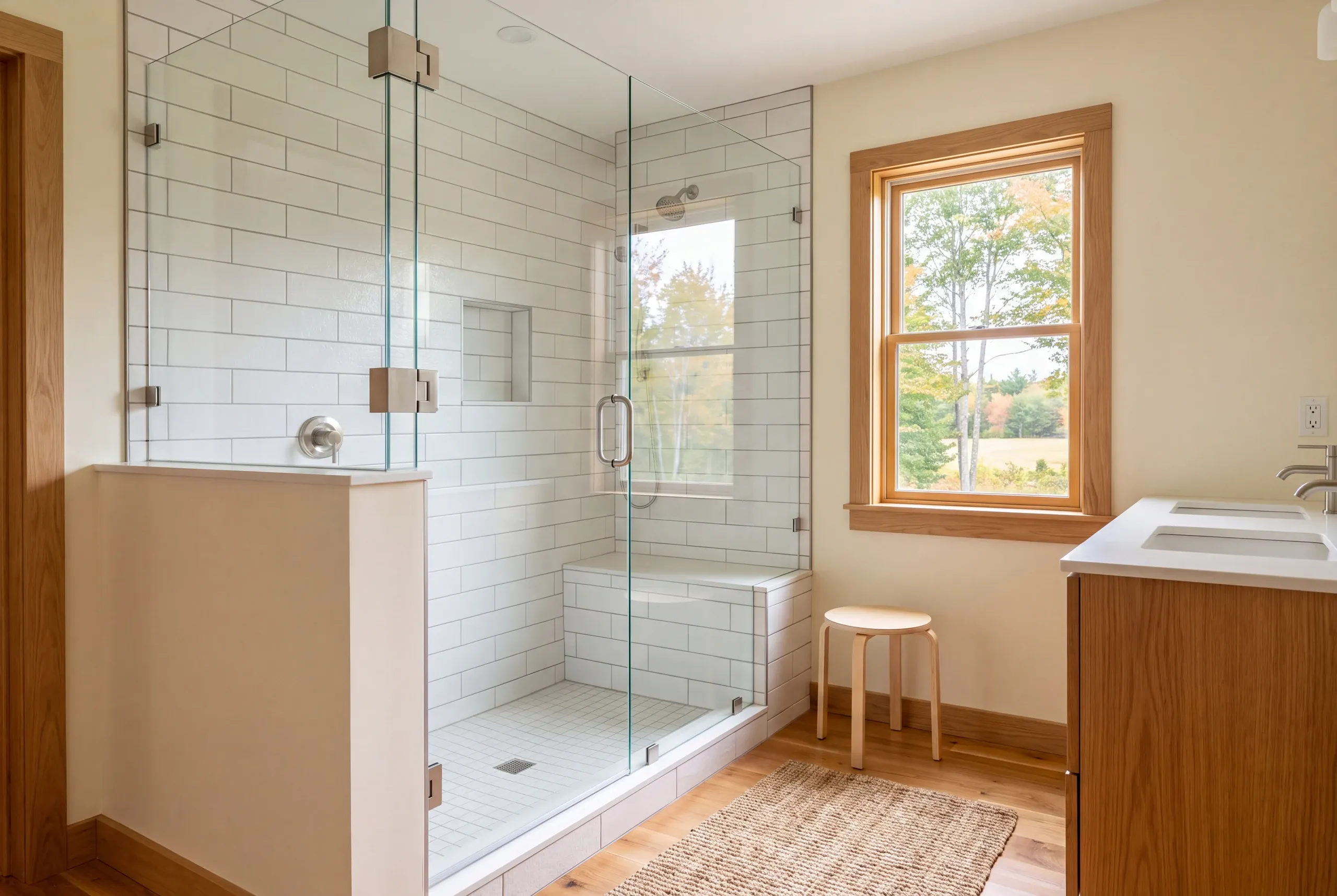 A modern glass walk-in shower with white subway tile, a built-in bench, and a vanity with a dual sink setup.
