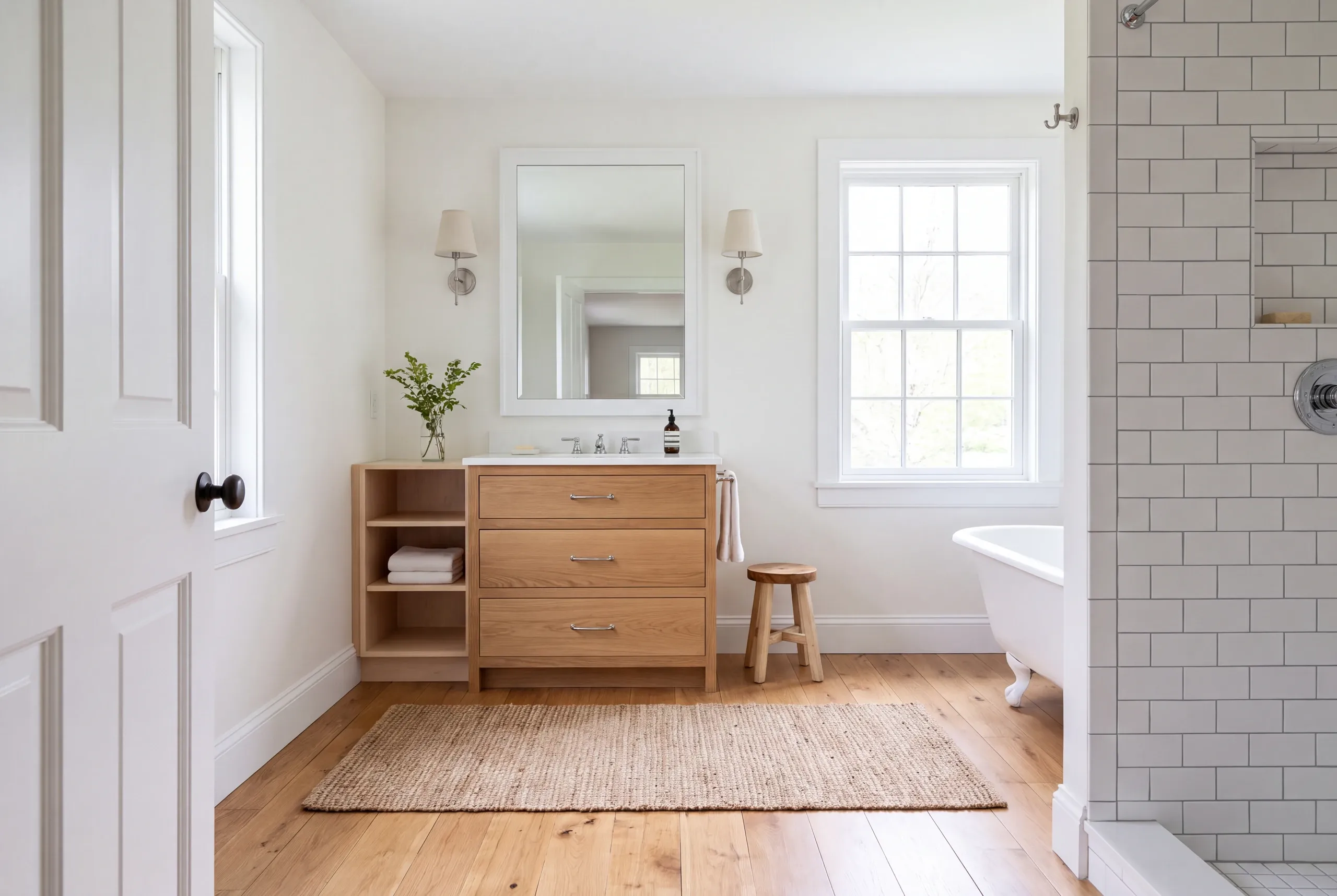 A finished bathroom features a wooden vanity with drawers, an attached shelving unit, dual wall sconces flanking a mirror, a freestanding bathtub, and a tiled shower area.
