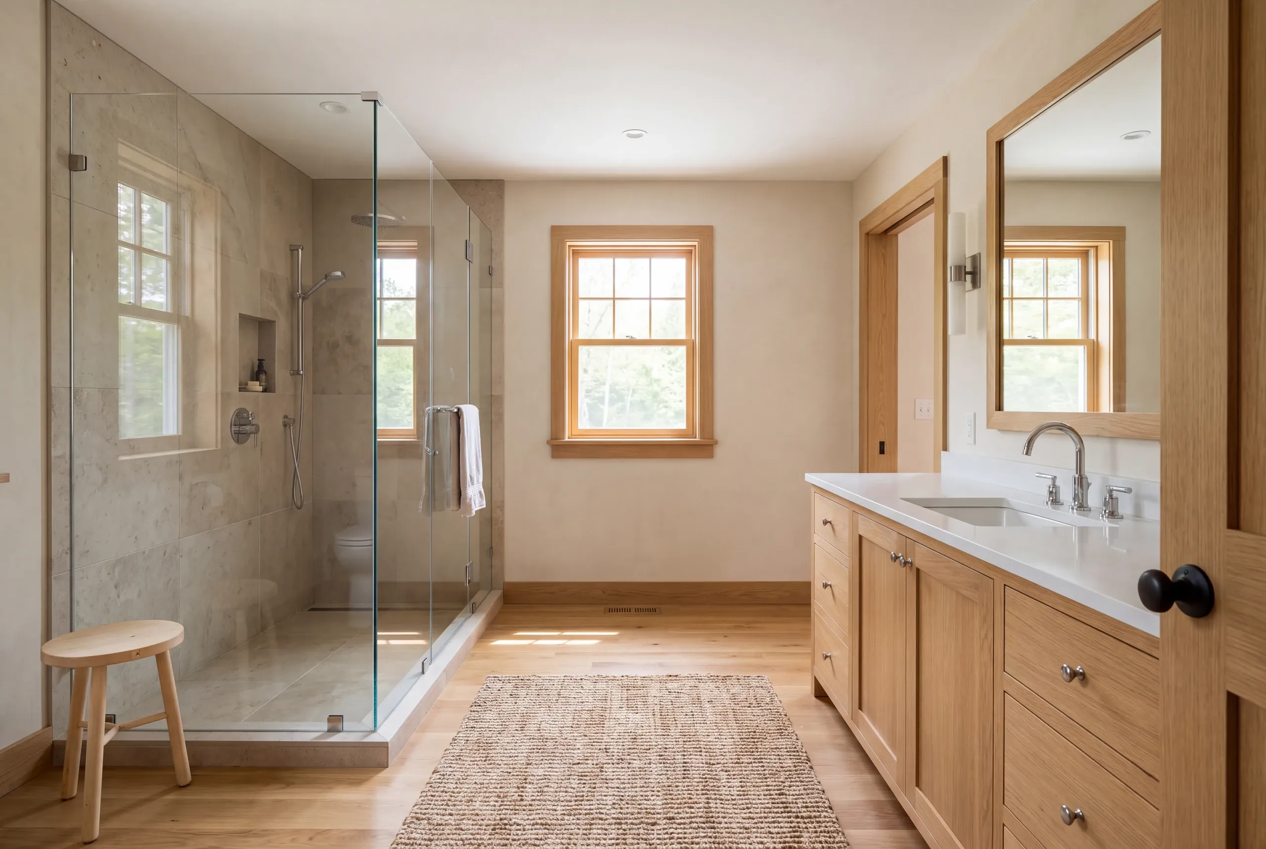 A finished bathroom features a glass-enclosed shower, a wooden vanity with a white countertop, and a wooden floor with a woven rug.