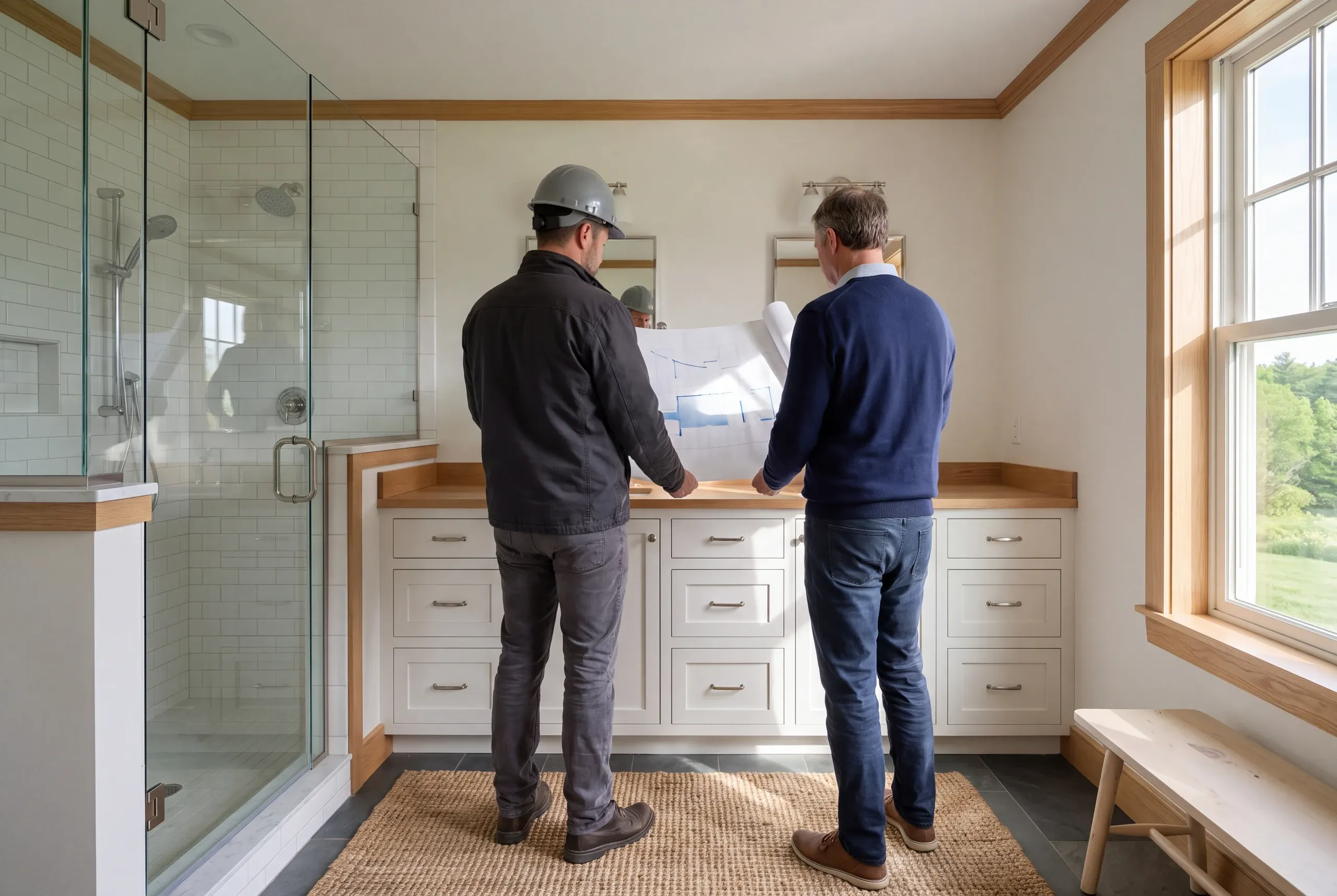 Two men standing in a remodeled bathroom looking at a blueprint held between them.