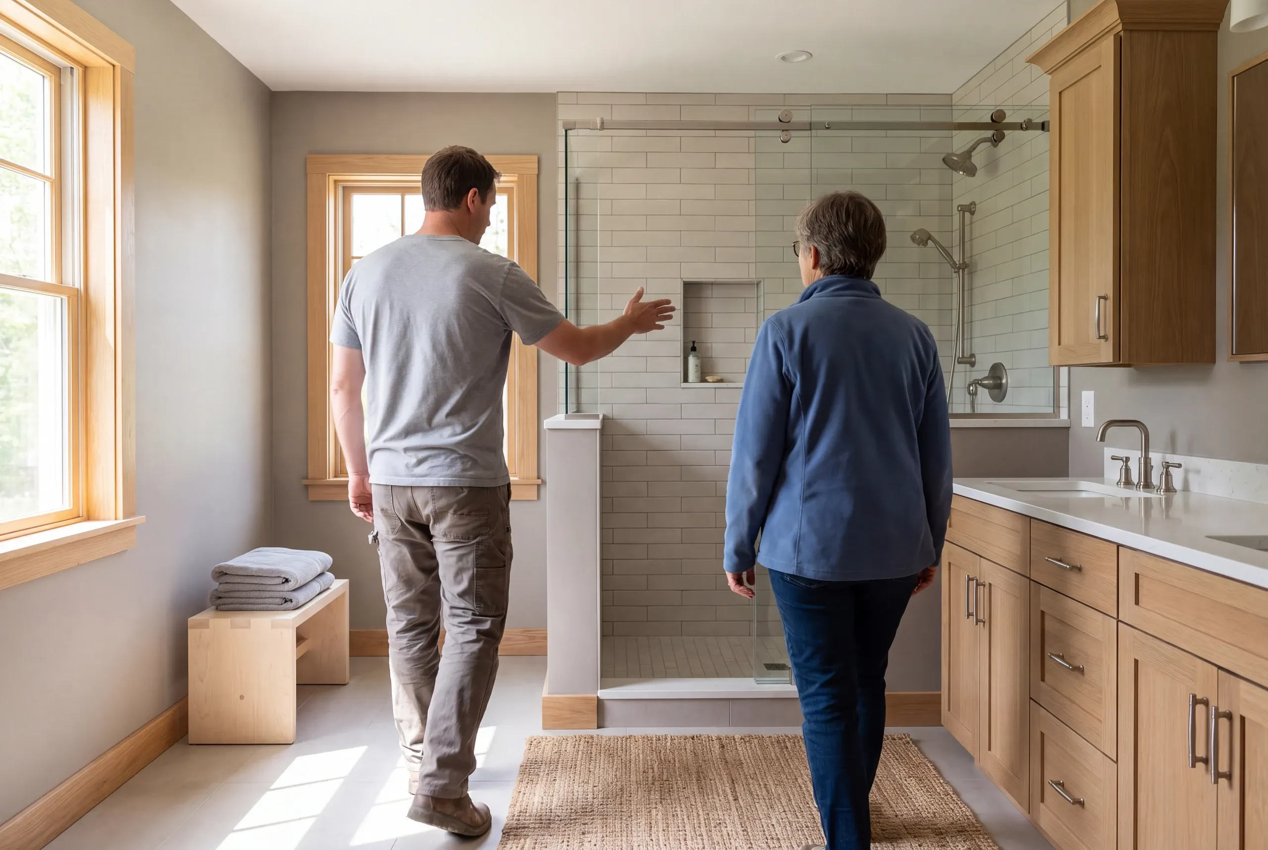 Two adults seen from behind walking in a finished bathroom with a shower and wooden vanity cabinets.