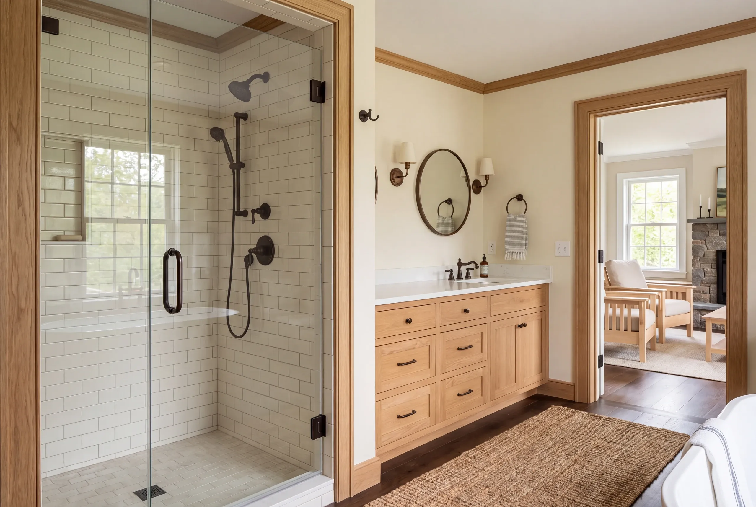 A finished bathroom features a glass-enclosed shower with white subway tiles and a wooden vanity with dual sinks, while an adjacent doorway looks into a living room.