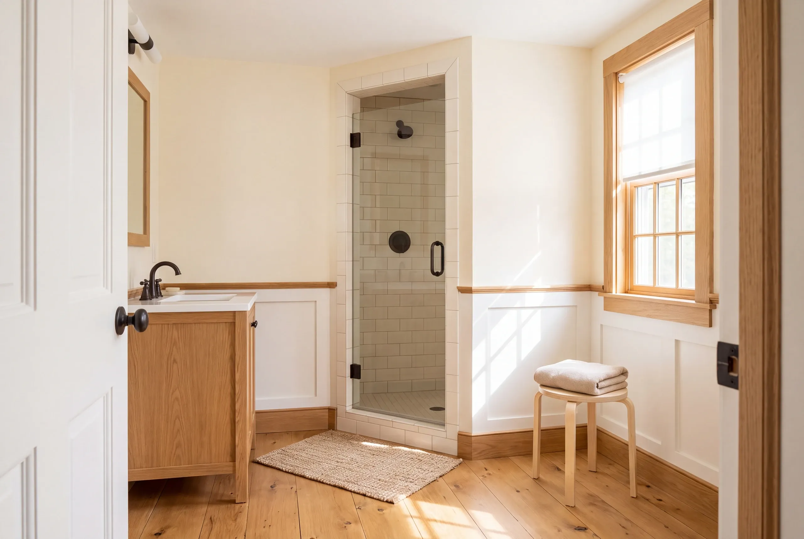 Bathroom remodeling in Bath, ME: interior view of a bathroom featuring a tiled glass-door shower, wooden vanity with white countertop, wood flooring, and a small stool with a folded towel.