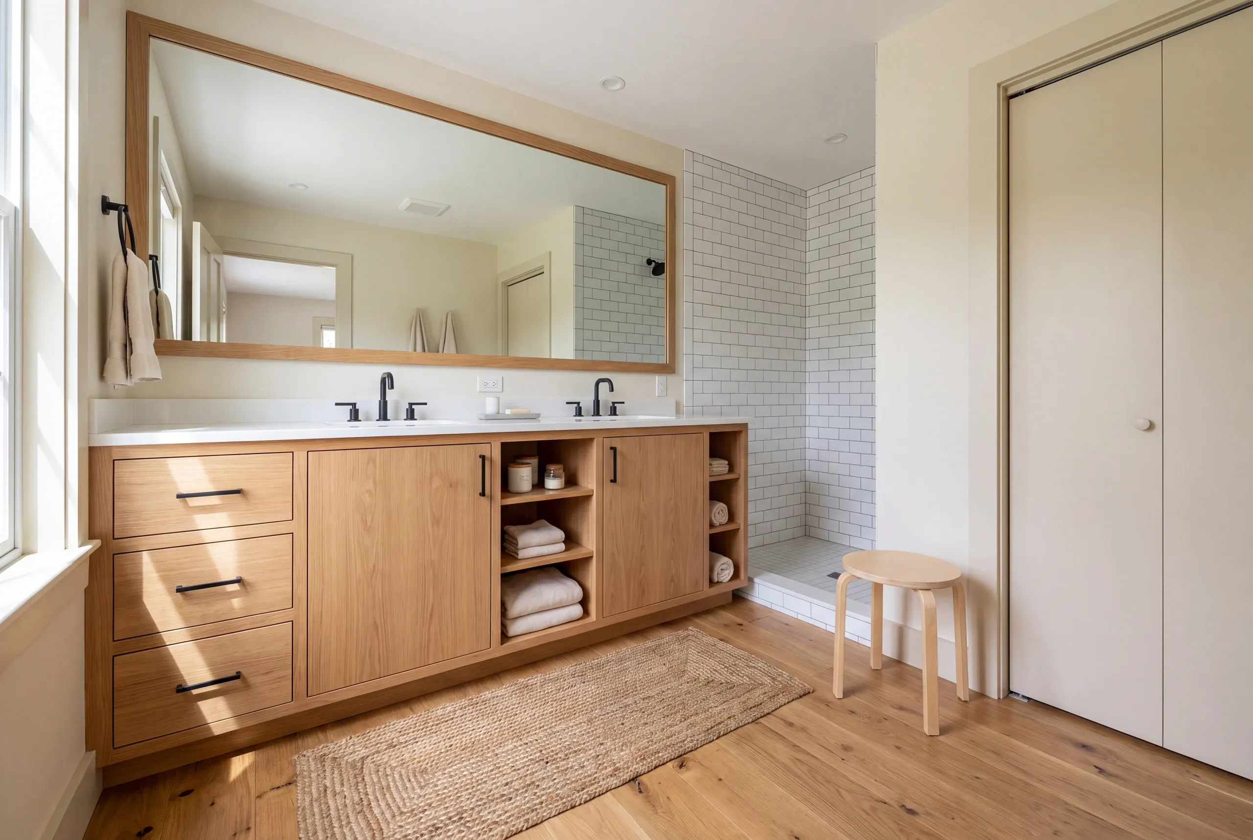 A finished wooden double-sink vanity with drawers, open shelving, and a large mirror in a bathroom with hardwood floors.