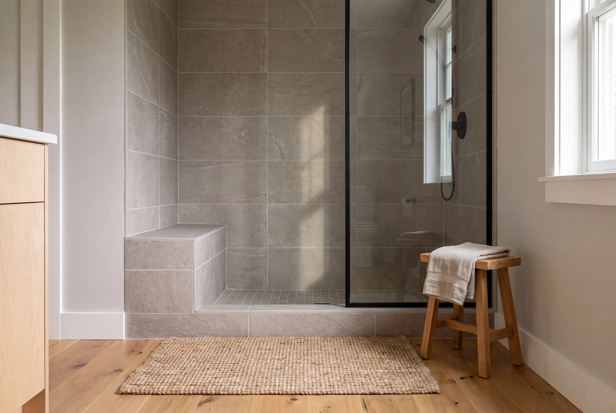 A finished tiled shower enclosure with a built-in bench and glass door next to a wooden stool with a towel.