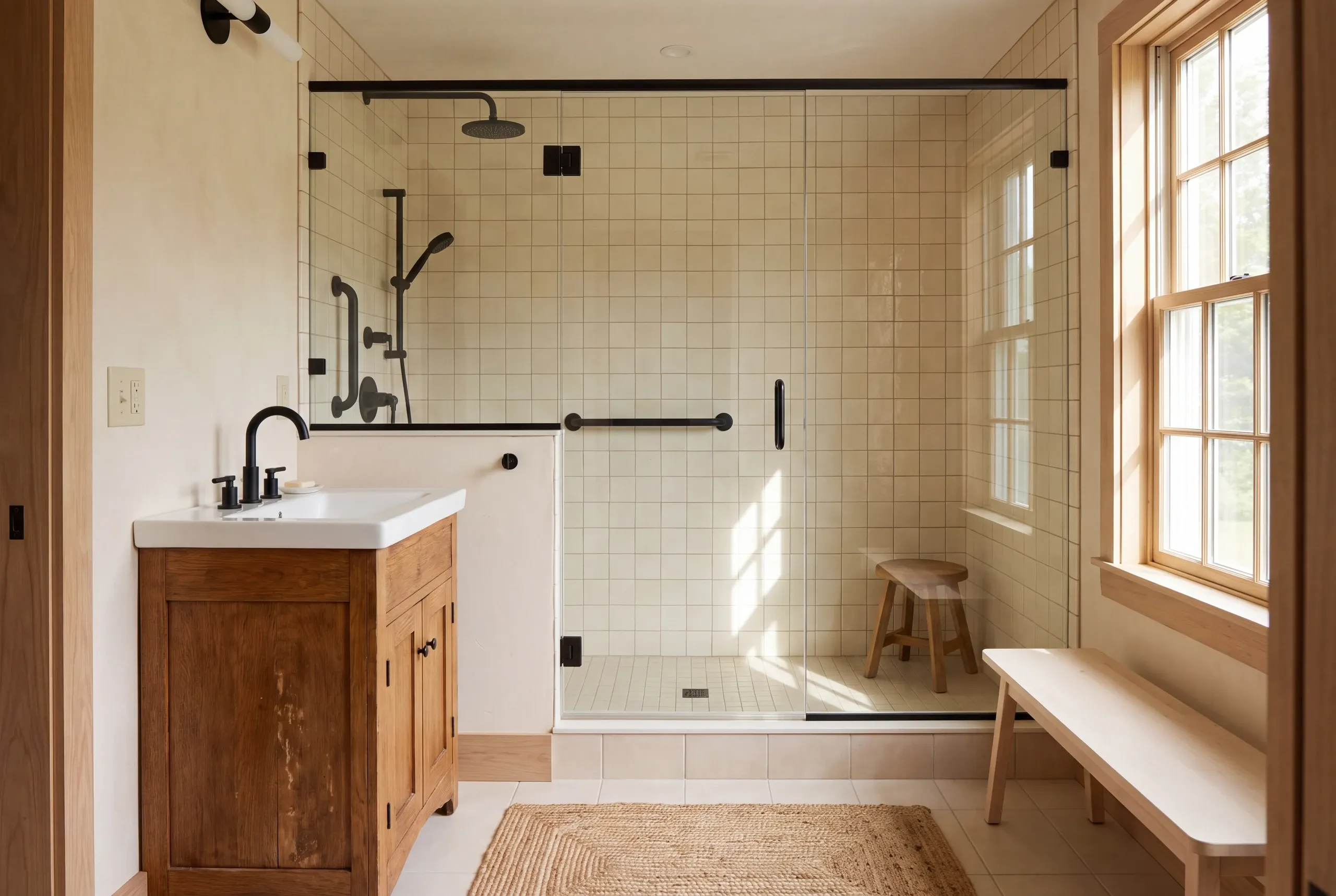 A bathroom featuring a glass shower enclosure with beige tiled walls, a wooden vanity with a sink on the left, and a wooden bench on the right.