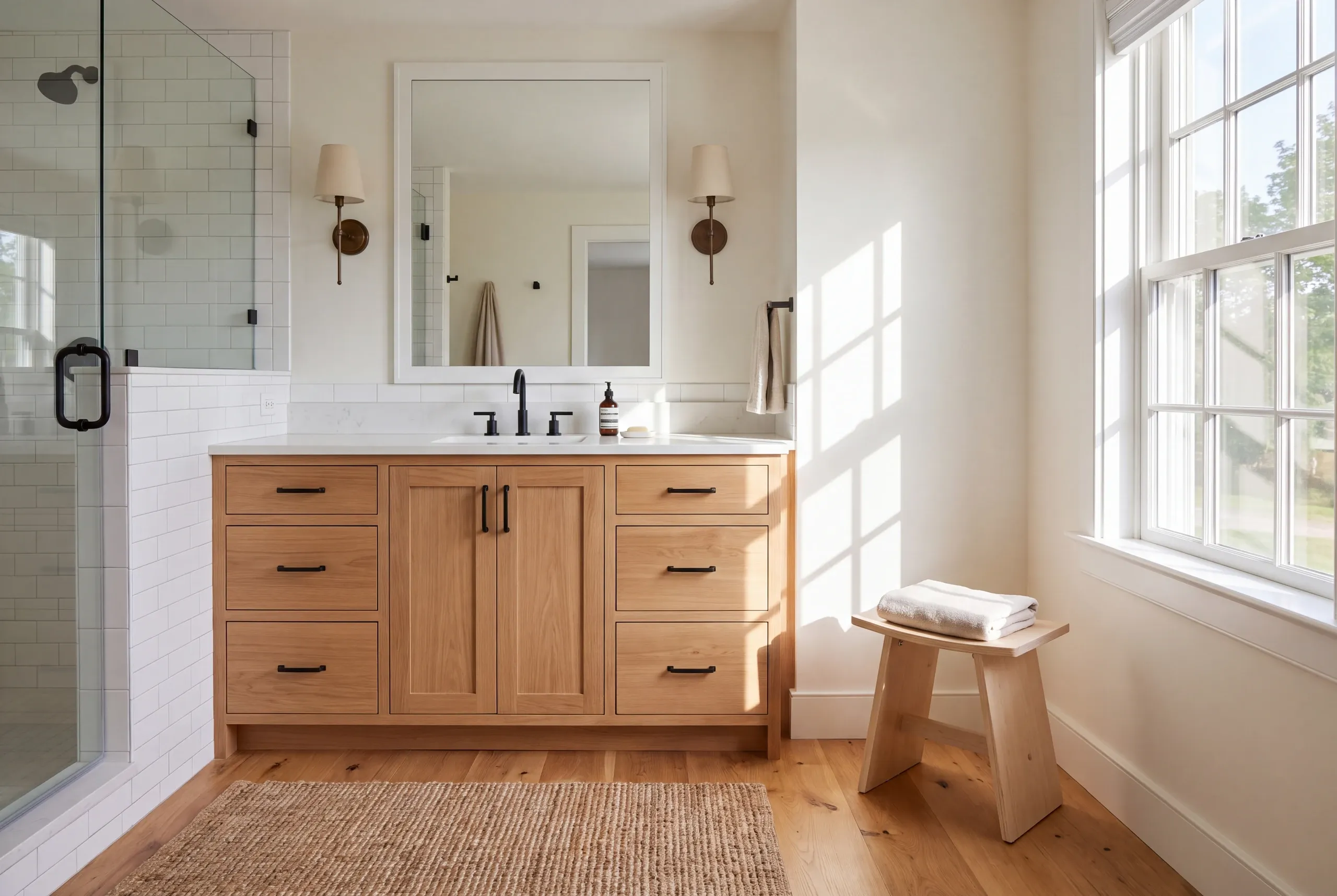 A bright bathroom features a wooden vanity with black hardware, a large mirror with sconces, white subway tile, and a glass-enclosed shower.