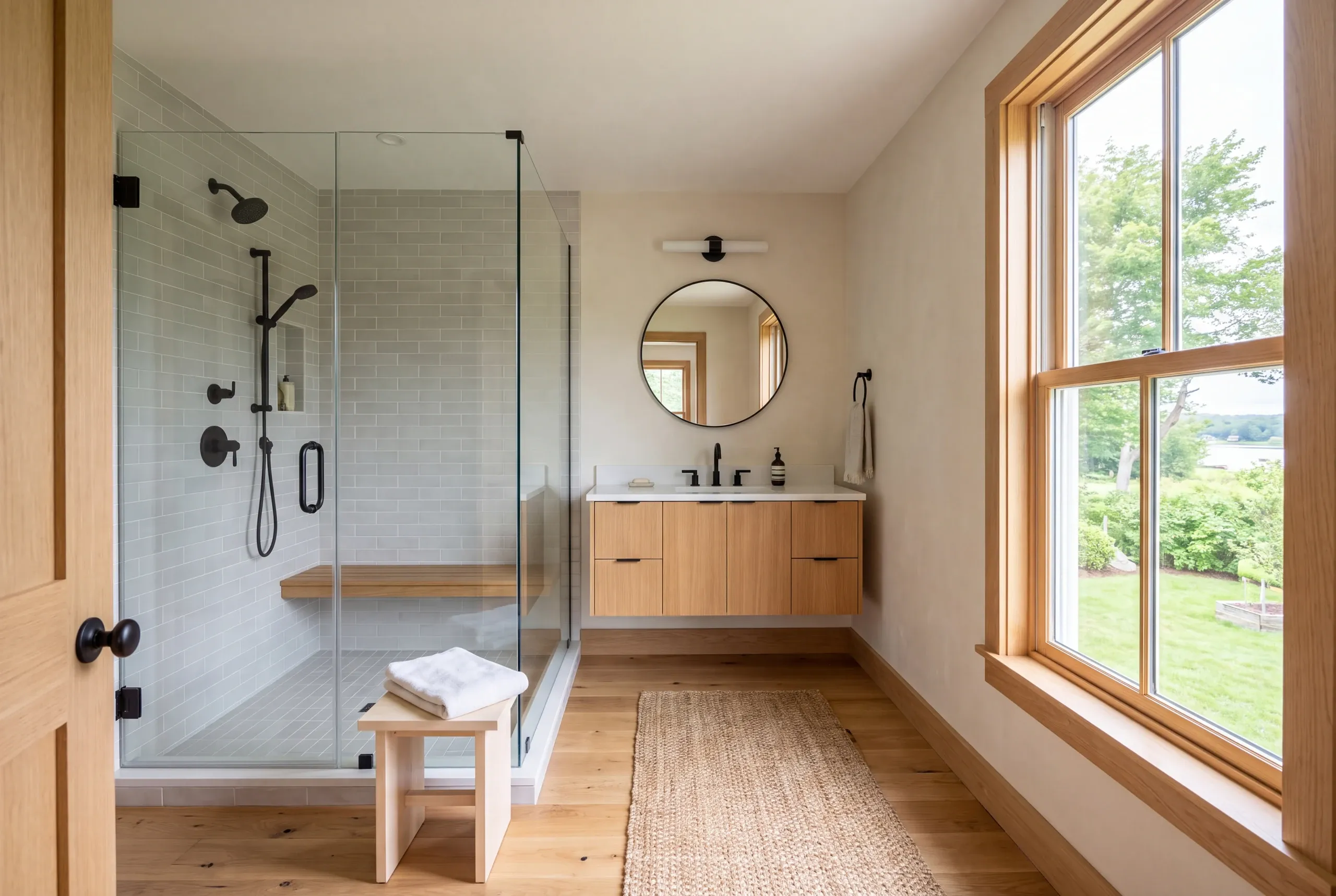 A modern remodeled bathroom features a glass-enclosed walk-in shower with a wooden bench, a wooden vanity with a round mirror, and a window looking out to green foliage.