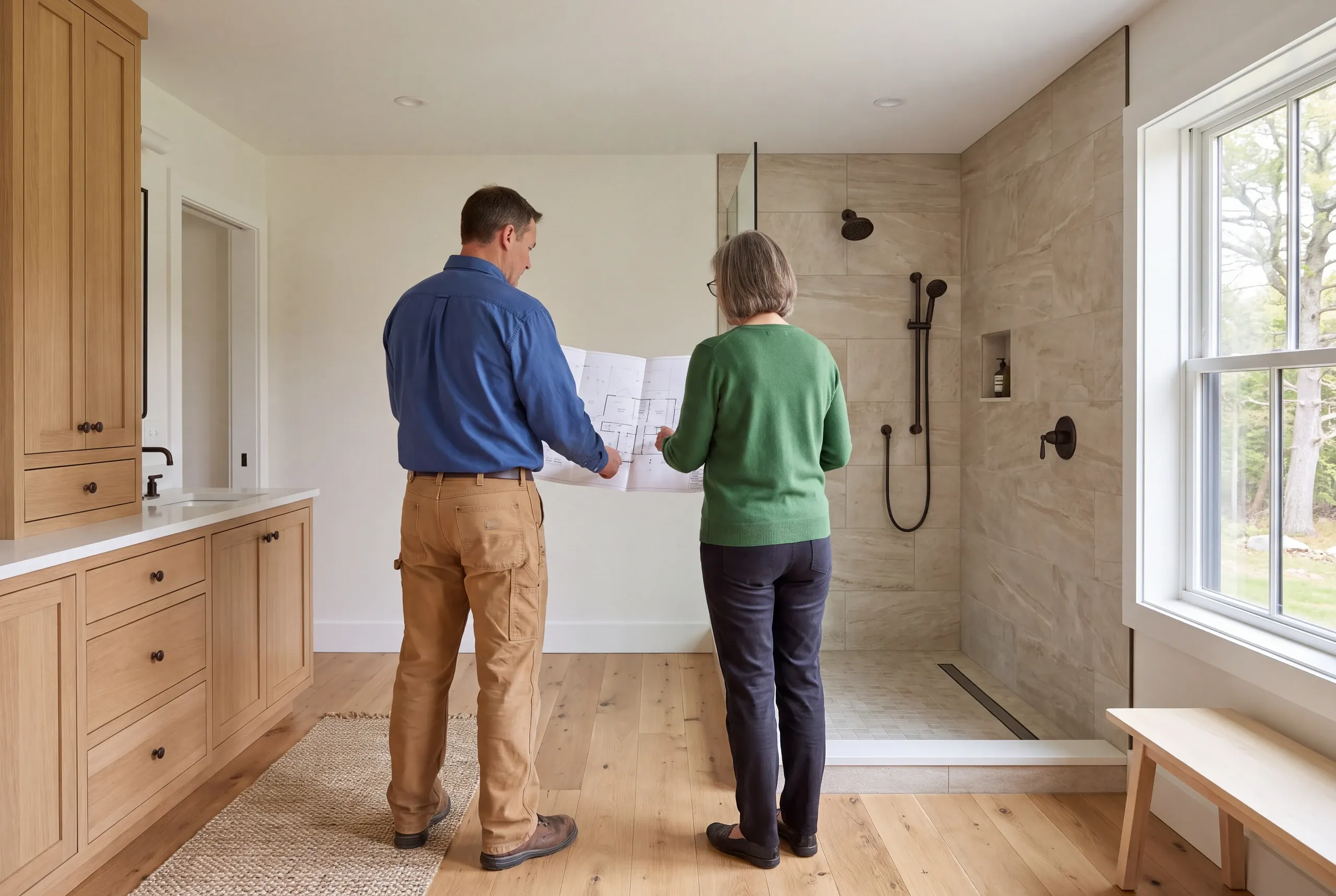 Two adults stand in a remodeled bathroom holding a blueprint and reviewing the space.