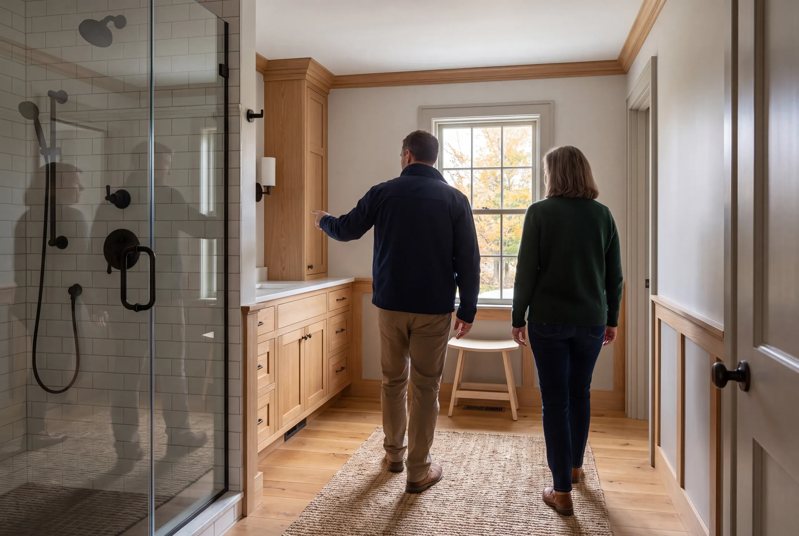 Two adults seen from behind walking through a completed bathroom featuring wood cabinetry, a glass-enclosed shower, and a window.