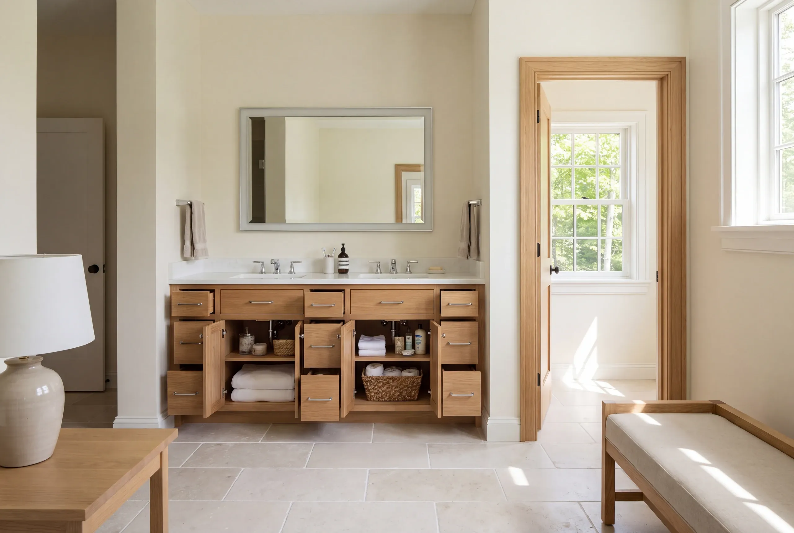 A wooden double-sink vanity with open doors and pulled-out drawers sits in a bright bathroom with a large mirror and tile flooring.