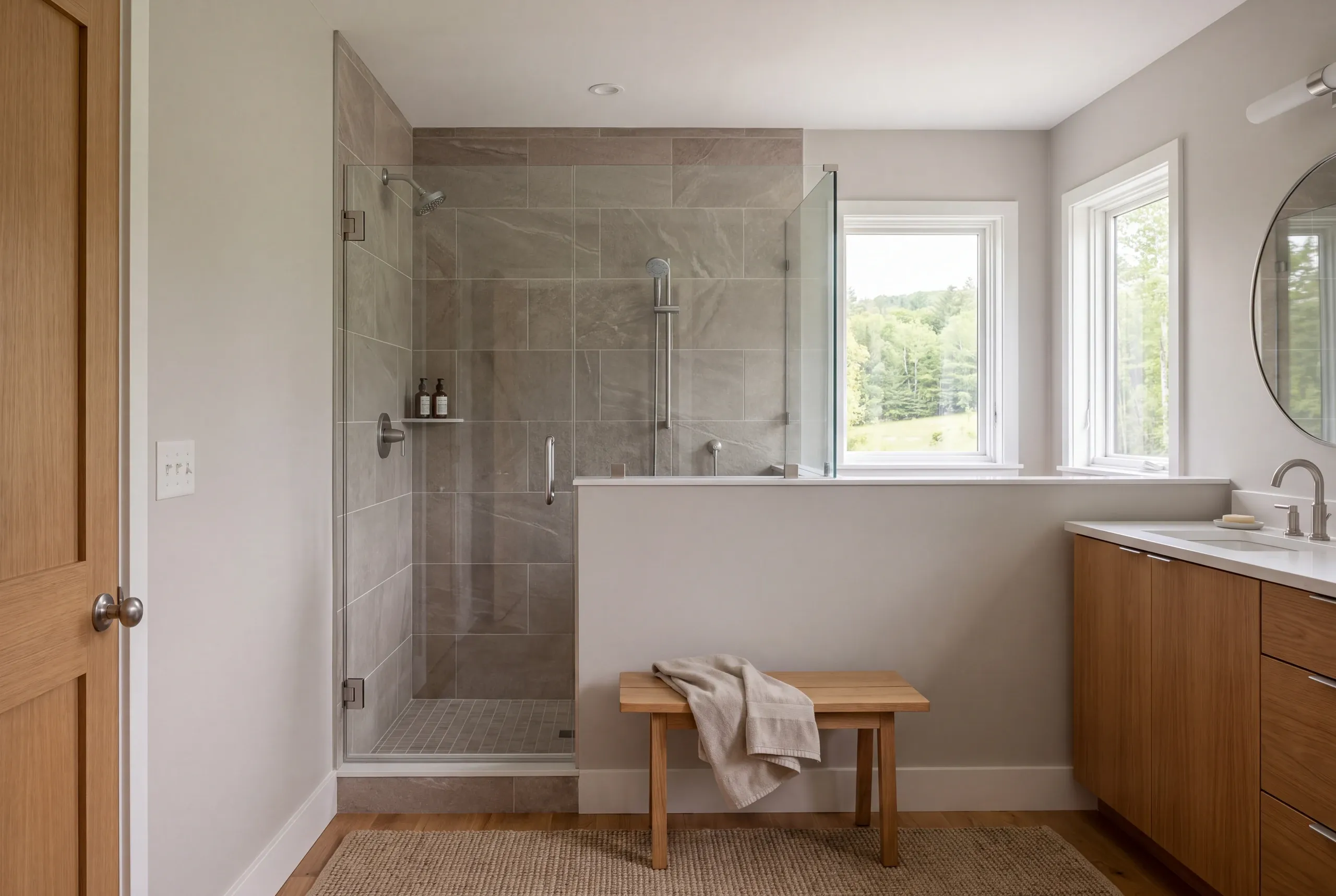 A finished bathroom features a tiled walk-in shower with glass doors, a wooden bench below a half-wall, and a wooden vanity with a sink.