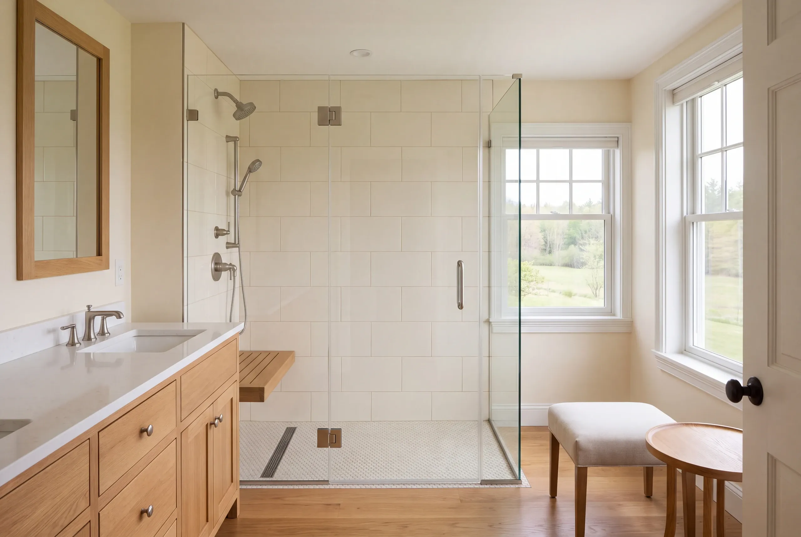 A bright modern bathroom featuring a walk-in glass shower with light-colored tile walls, a wooden vanity with a white countertop, and a window with an outdoor view.