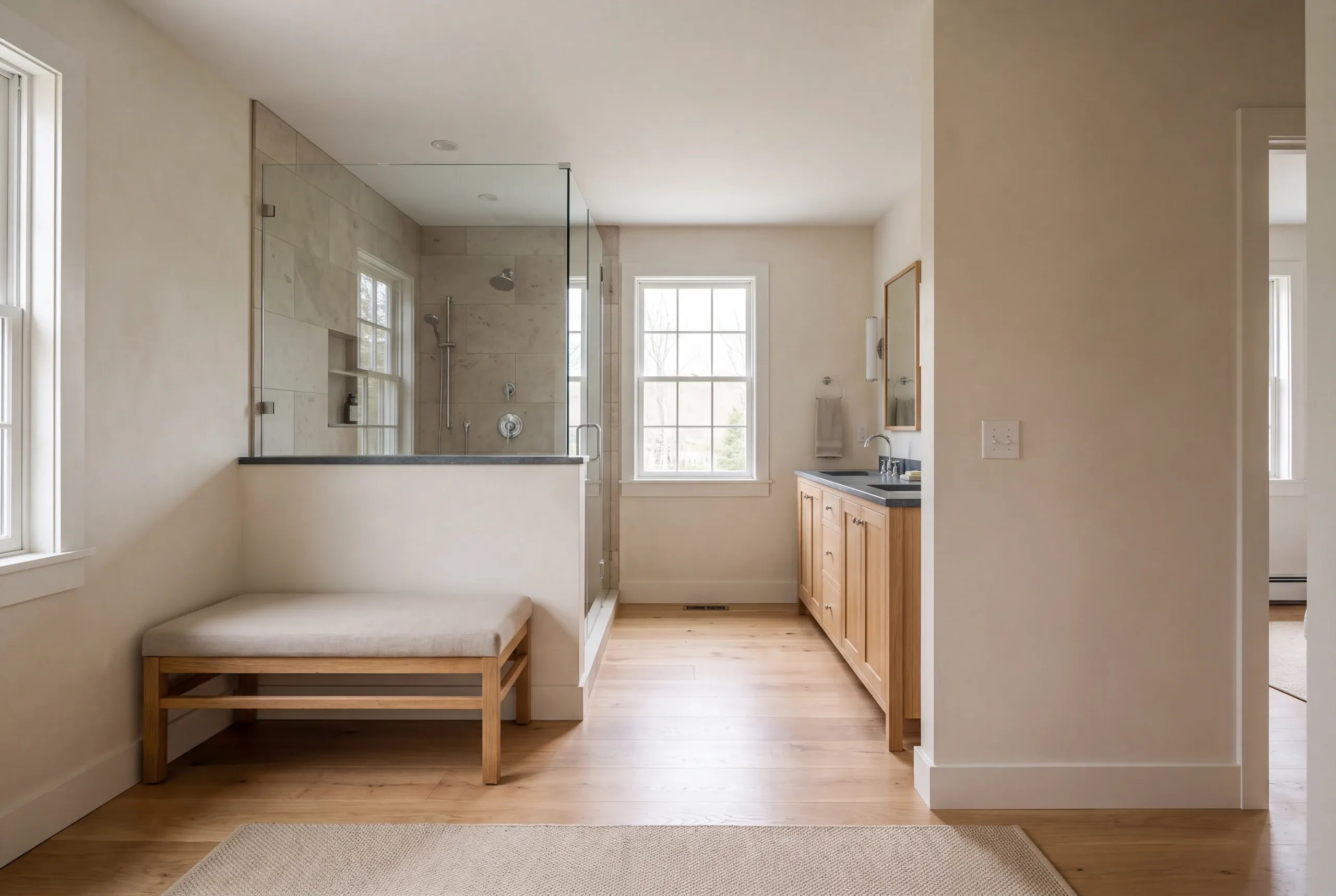 A remodeled bathroom featuring a wooden vanity, a glass-enclosed shower, a light-colored bench, and hardwood floors.
