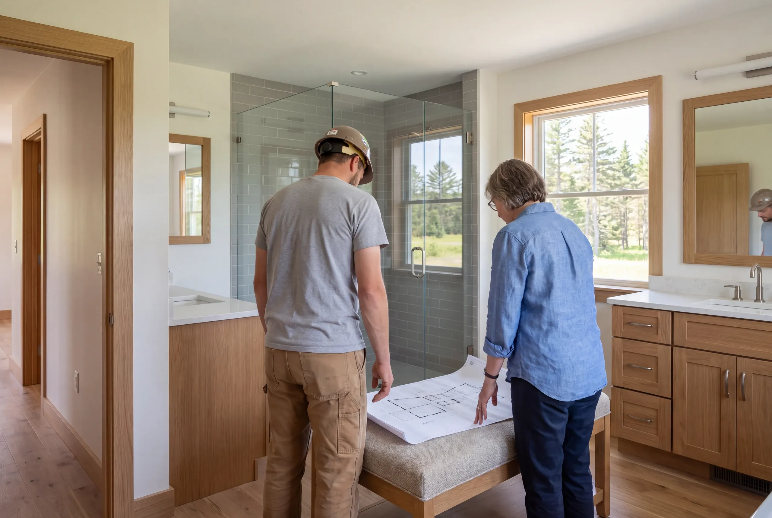 Two adults review a drawing on a bench beside a tiled shower and wood vanity.