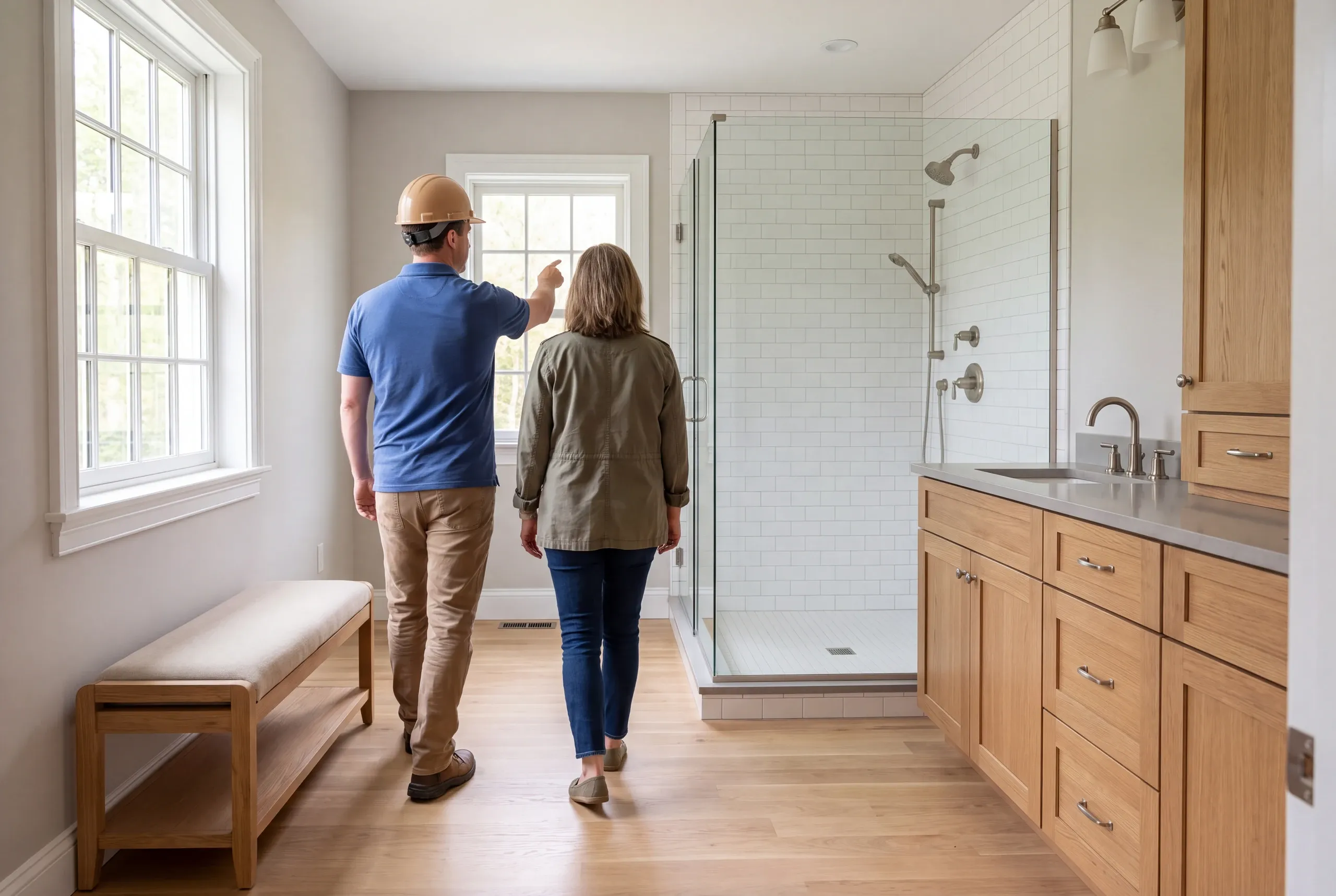 Two adults seen from behind walk through a bright remodeled bathroom featuring a glass shower, wooden vanity cabinets, and a bench.