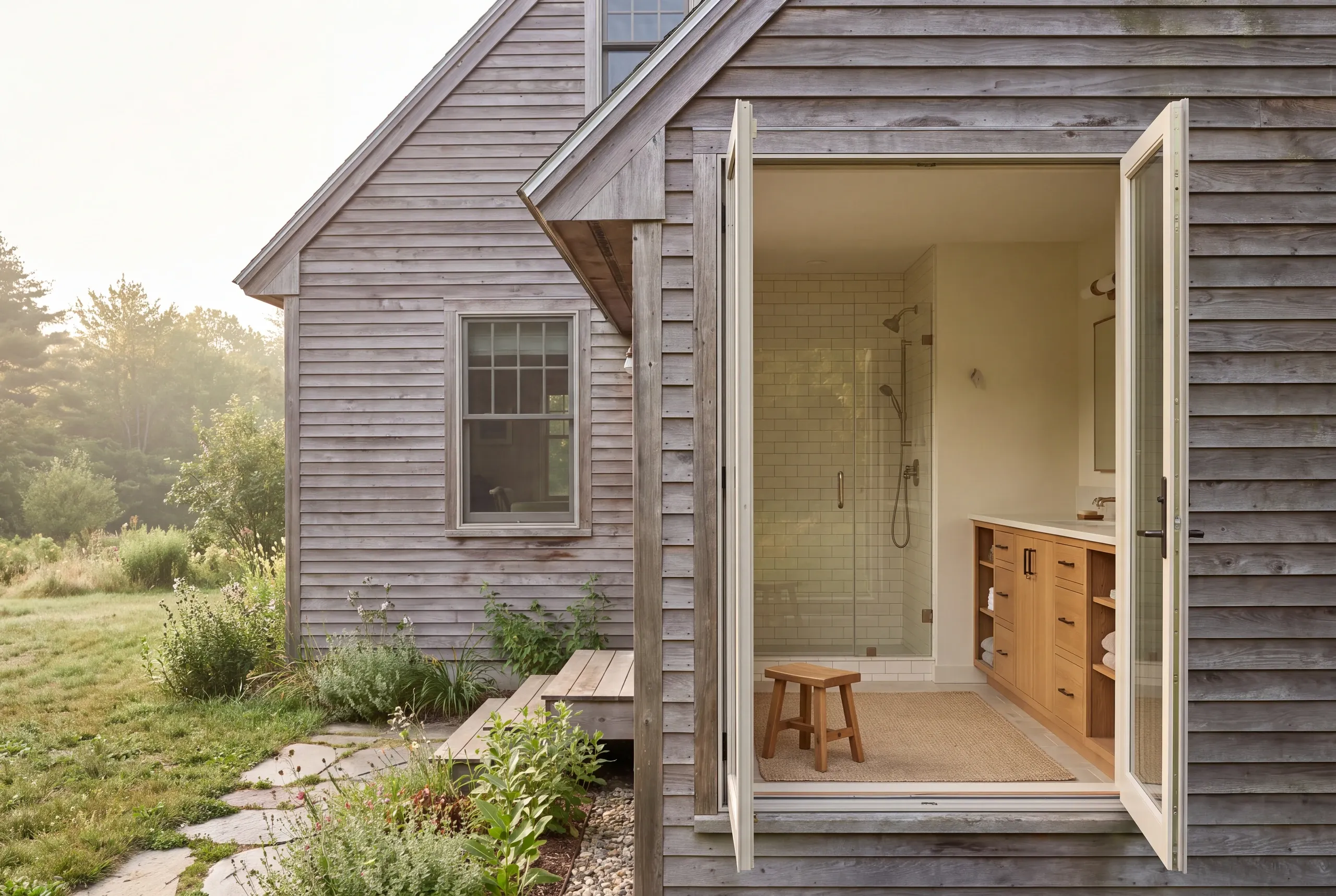 An exterior view of a gray shingled house showing open double doors looking into a finished bathroom with a shower and wooden vanity.