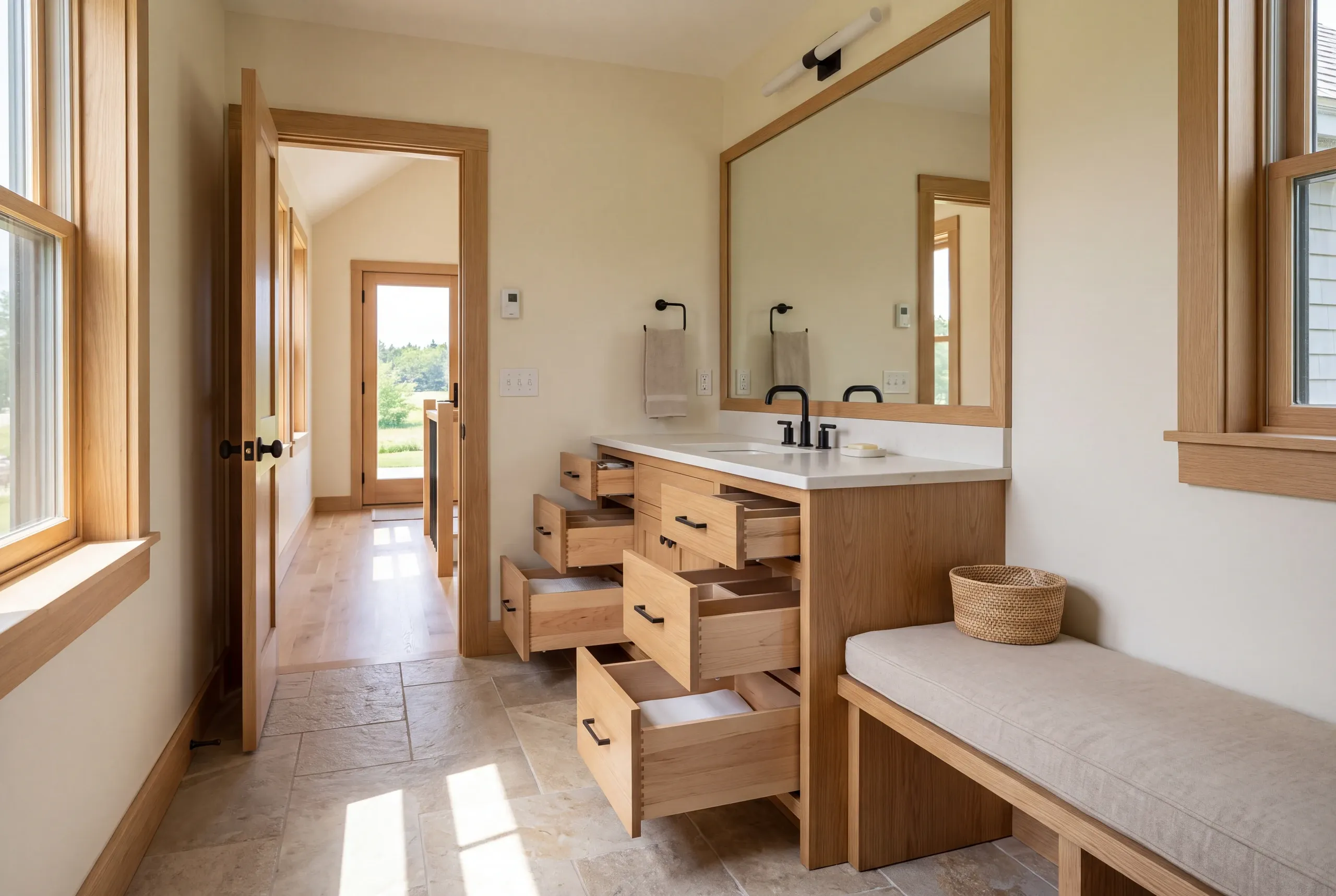 A bright bathroom with a wooden vanity featuring open drawers, a large mirror, and a bench seating area.