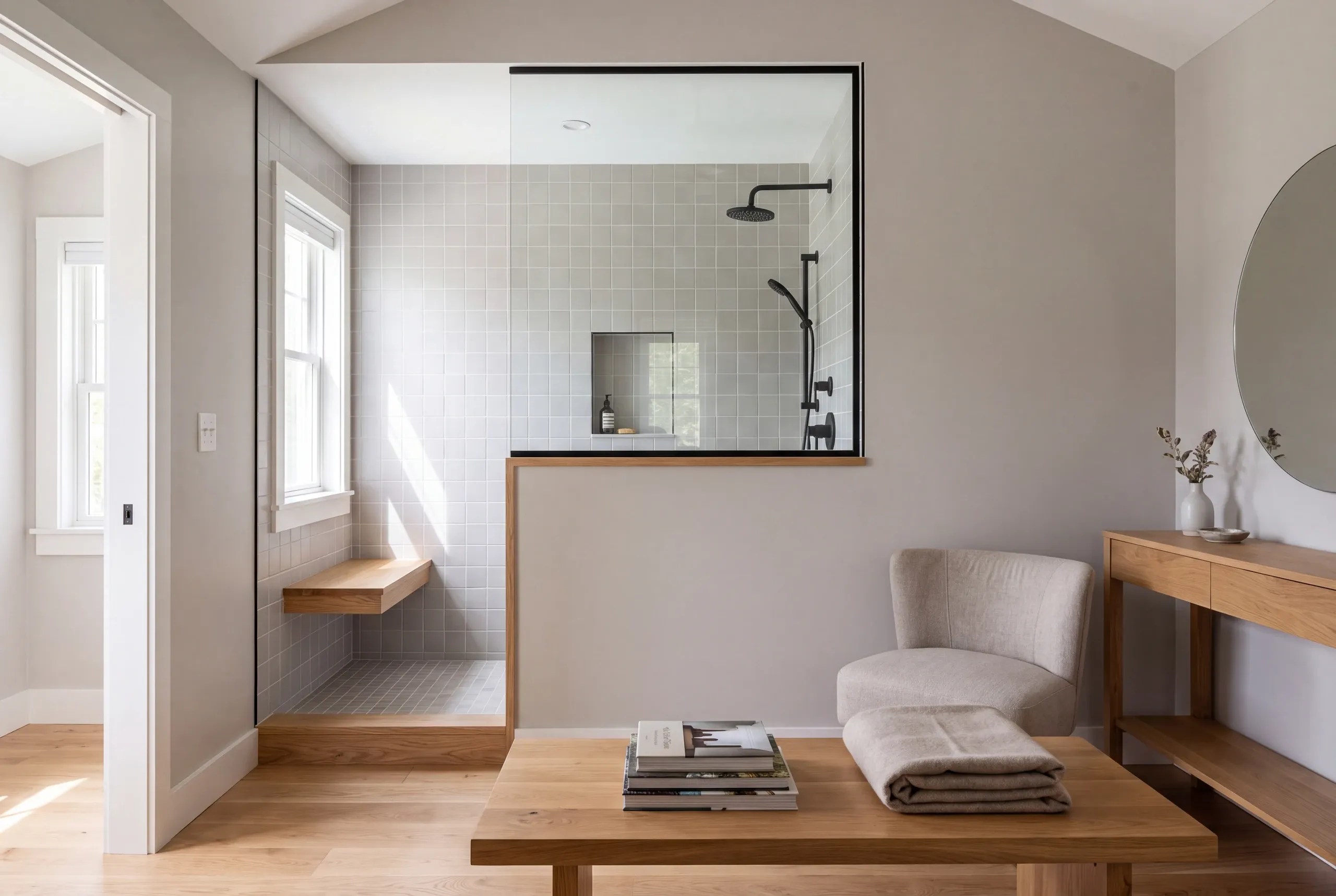 A finished tiled shower enclosure is visible next to a modern room furnished with a wooden coffee table, armchair, and console table.