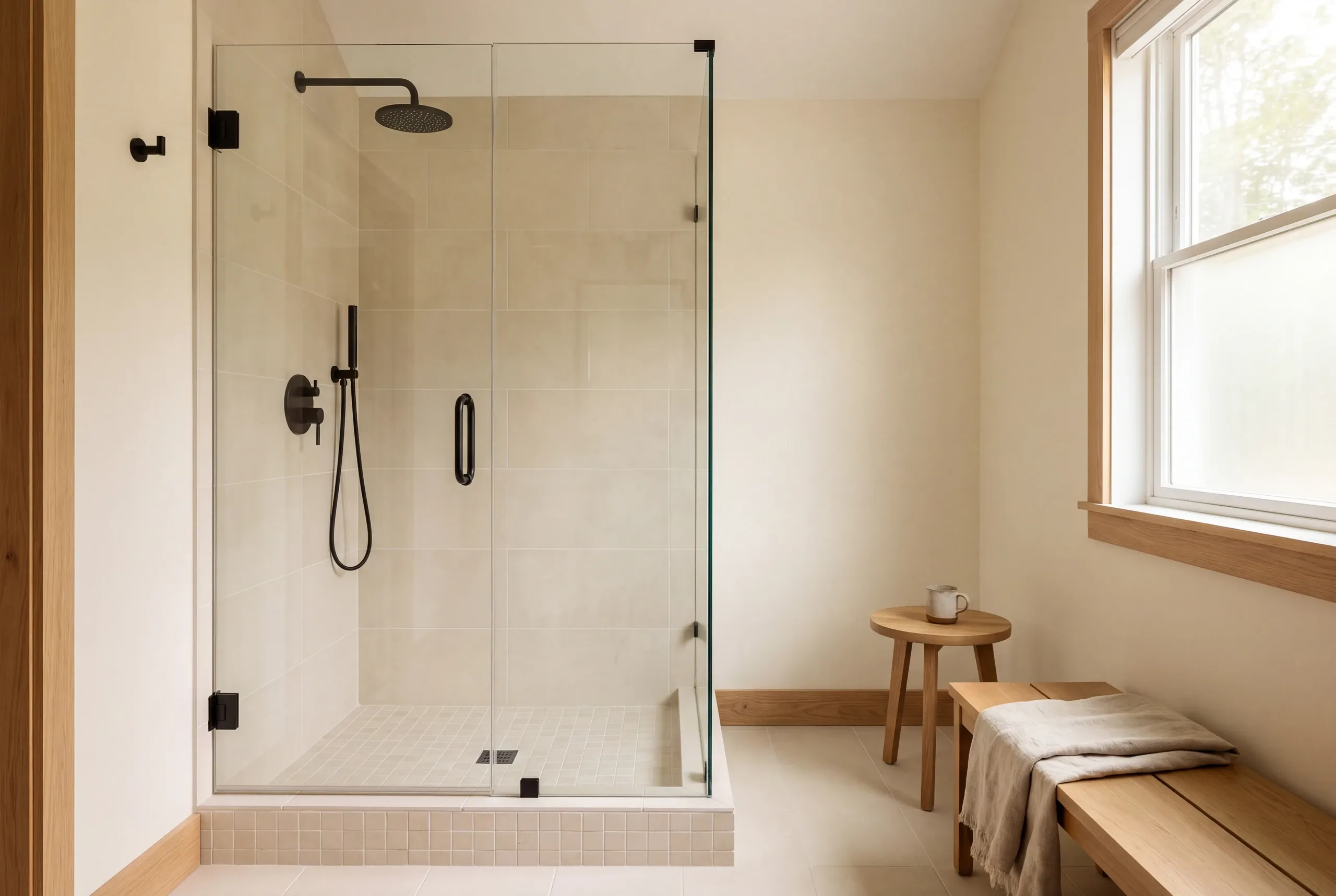 A modern tiled shower enclosure with glass doors and black fixtures stands next to a wooden stool, bench, and window in a finished bathroom.