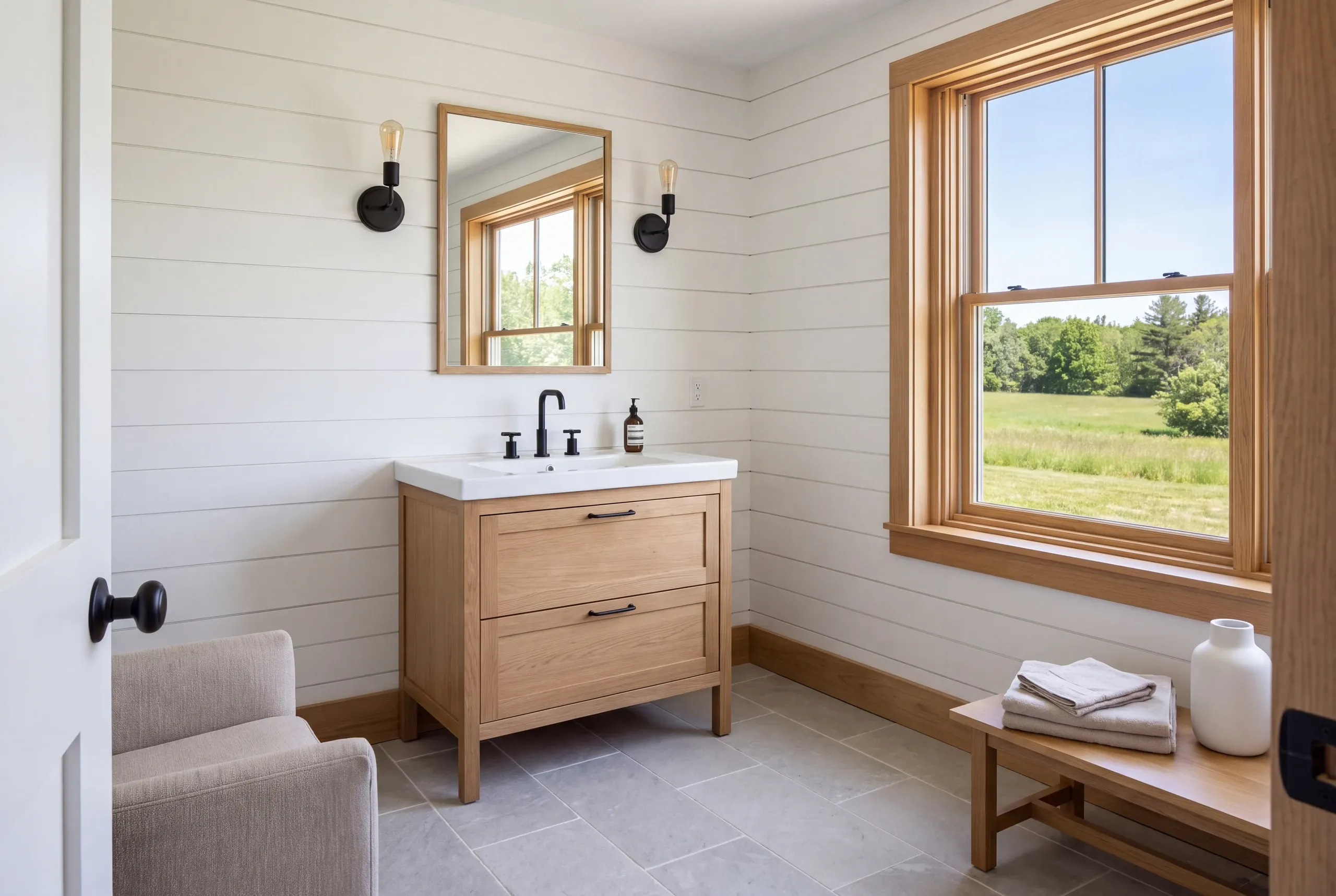 A bathroom with a wooden vanity, mirror, wall sconces, a window with outdoor views, and a small bench.