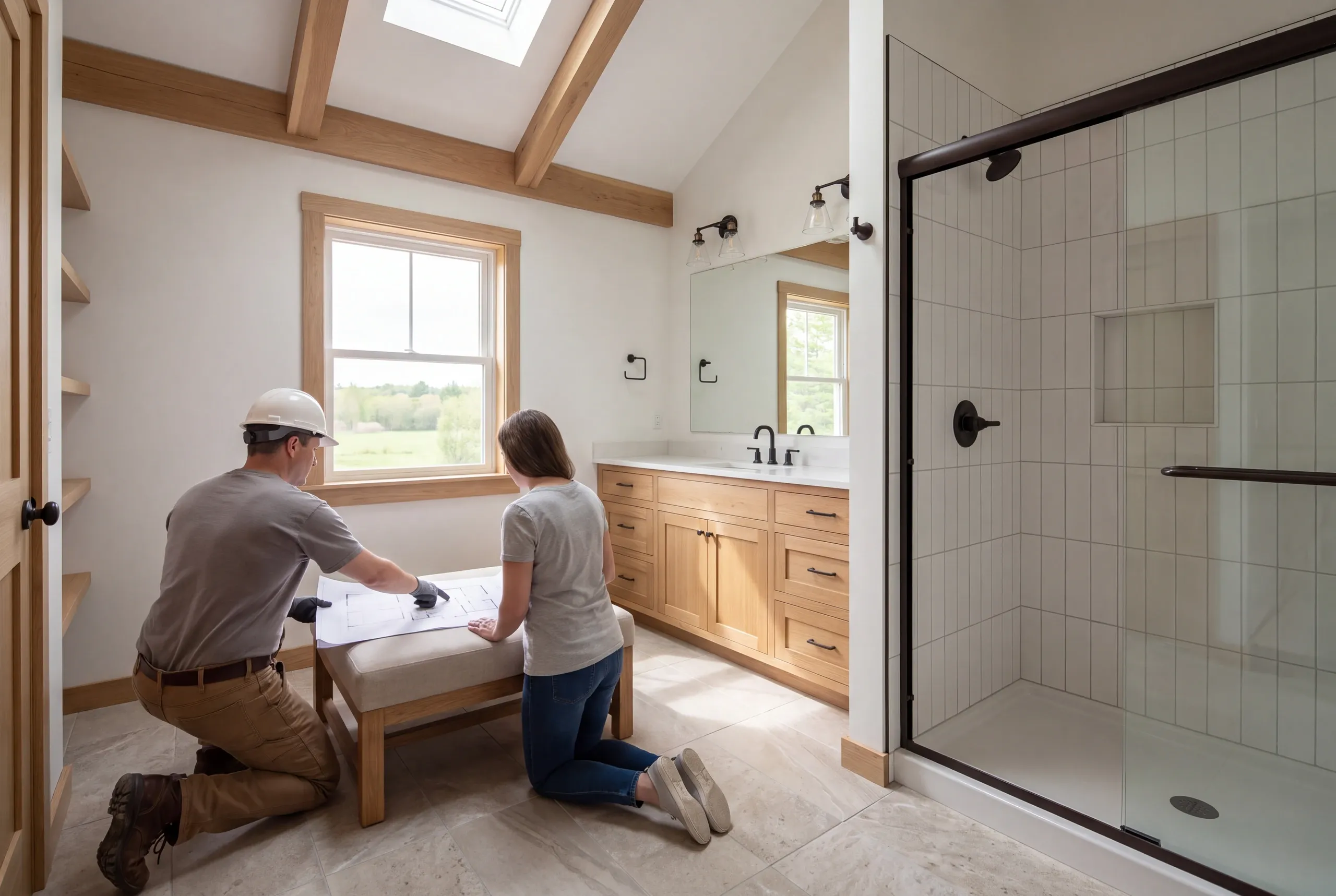 Two adults kneel on the floor reviewing a set of architectural plans on an ottoman inside a newly remodeled bathroom with a glass shower and wooden vanity.
