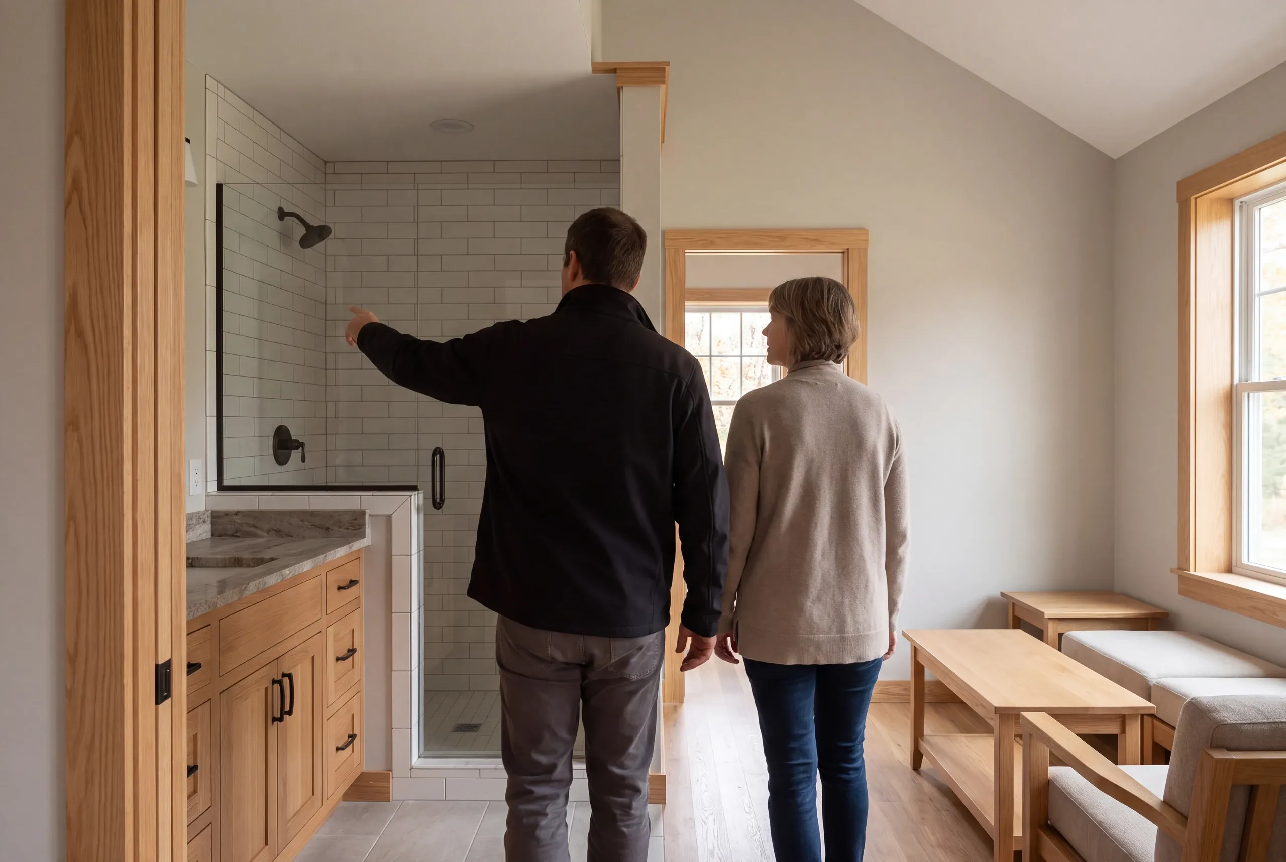 Two adults are seen from behind looking into a finished bathroom with a tile shower and a wooden vanity.