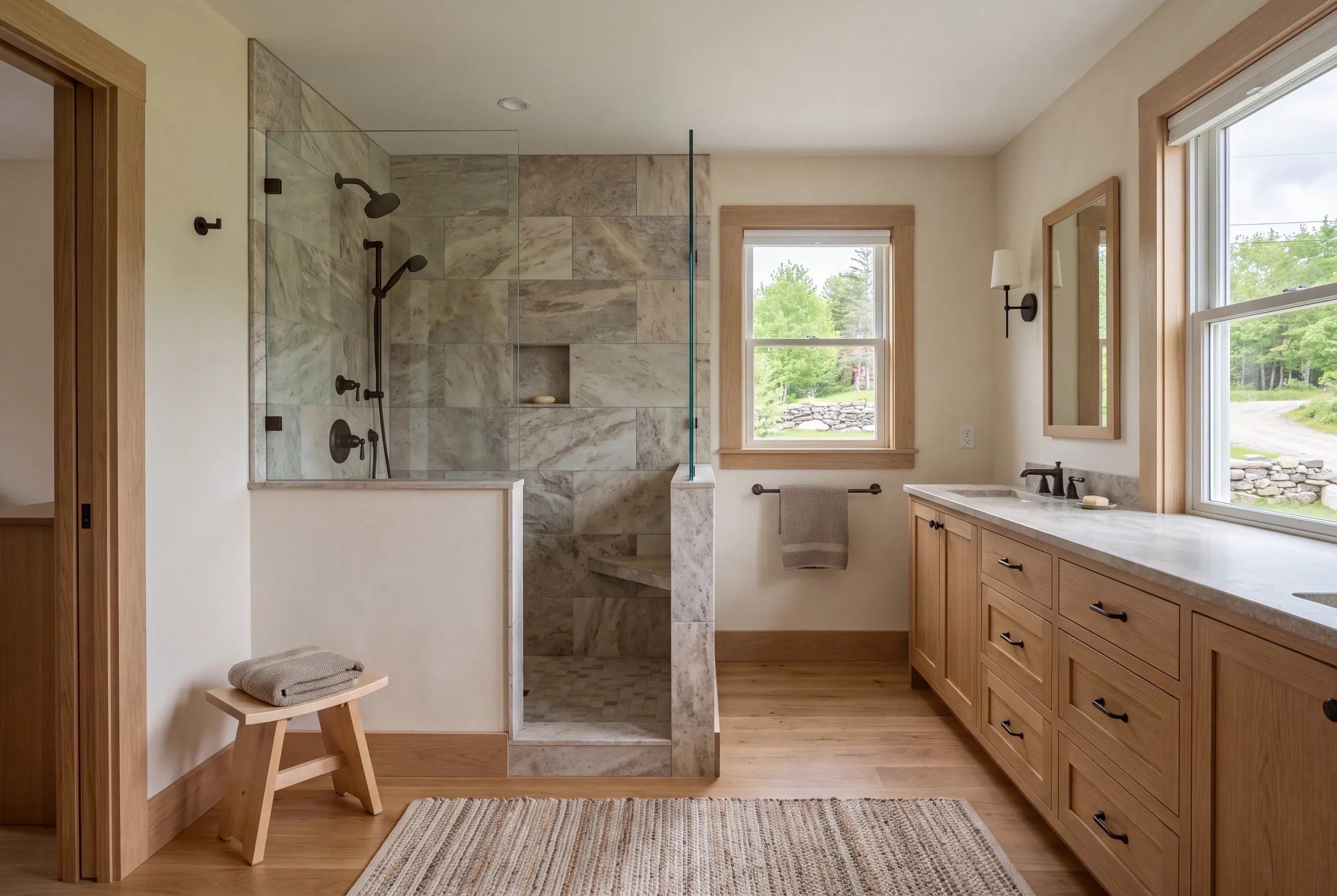 A finished bathroom with a tiled walk-in shower, wooden vanity cabinets, and light wood flooring.