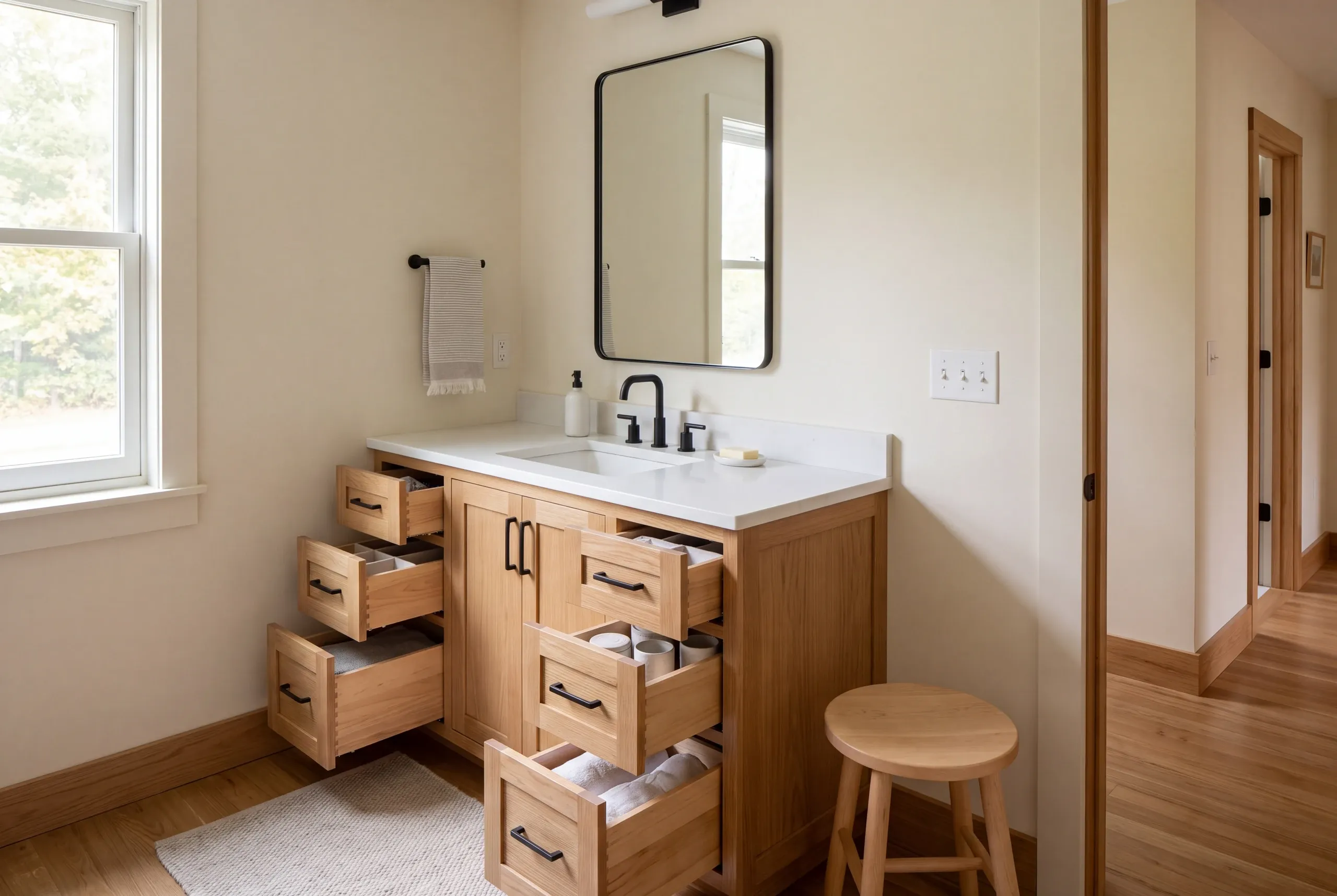 A wooden bathroom vanity with multiple open drawers, a white countertop, sink, black faucet, rectangular mirror, and a small wooden stool beside it.
