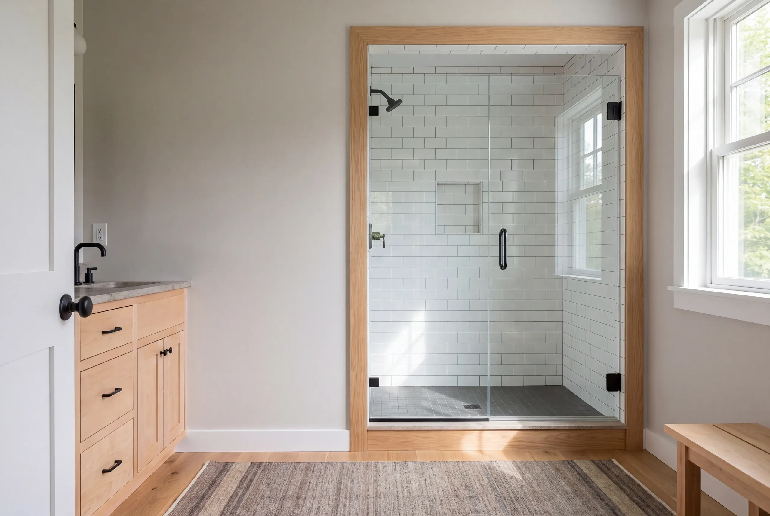 A finished tiled shower enclosure with a glass door and wooden trim is set in a bathroom with a vanity and a window.
