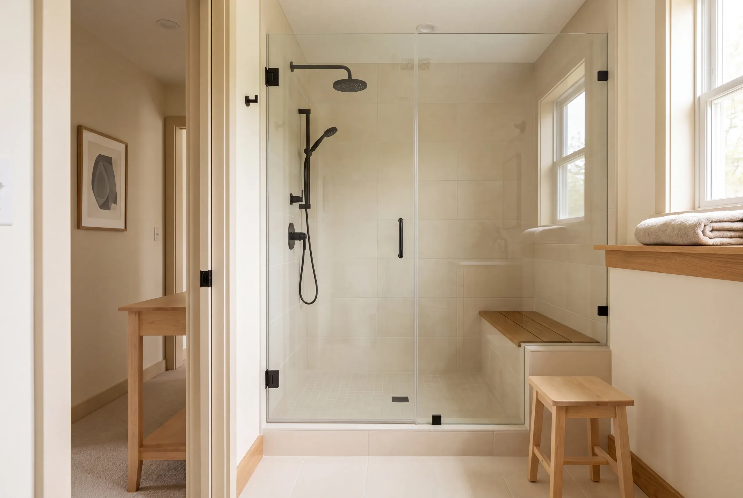 A modern glass-enclosed shower with tiled walls and black fixtures stands next to a wooden bench and a small stool in a bright bathroom.