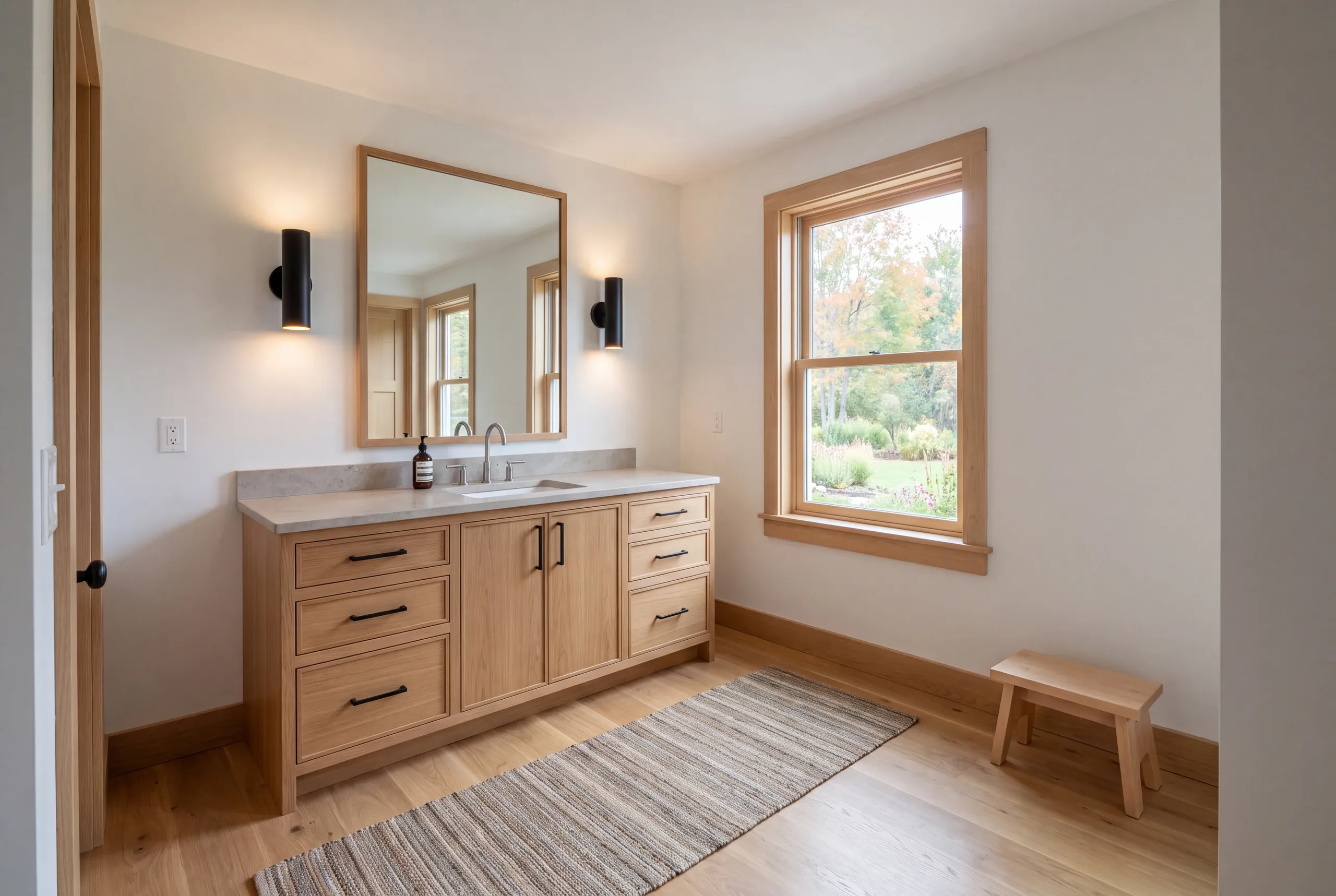 A bathroom featuring a wooden vanity with a mirror, two black wall sconces, a window with wooden trim, and a small wooden stool on the floor.