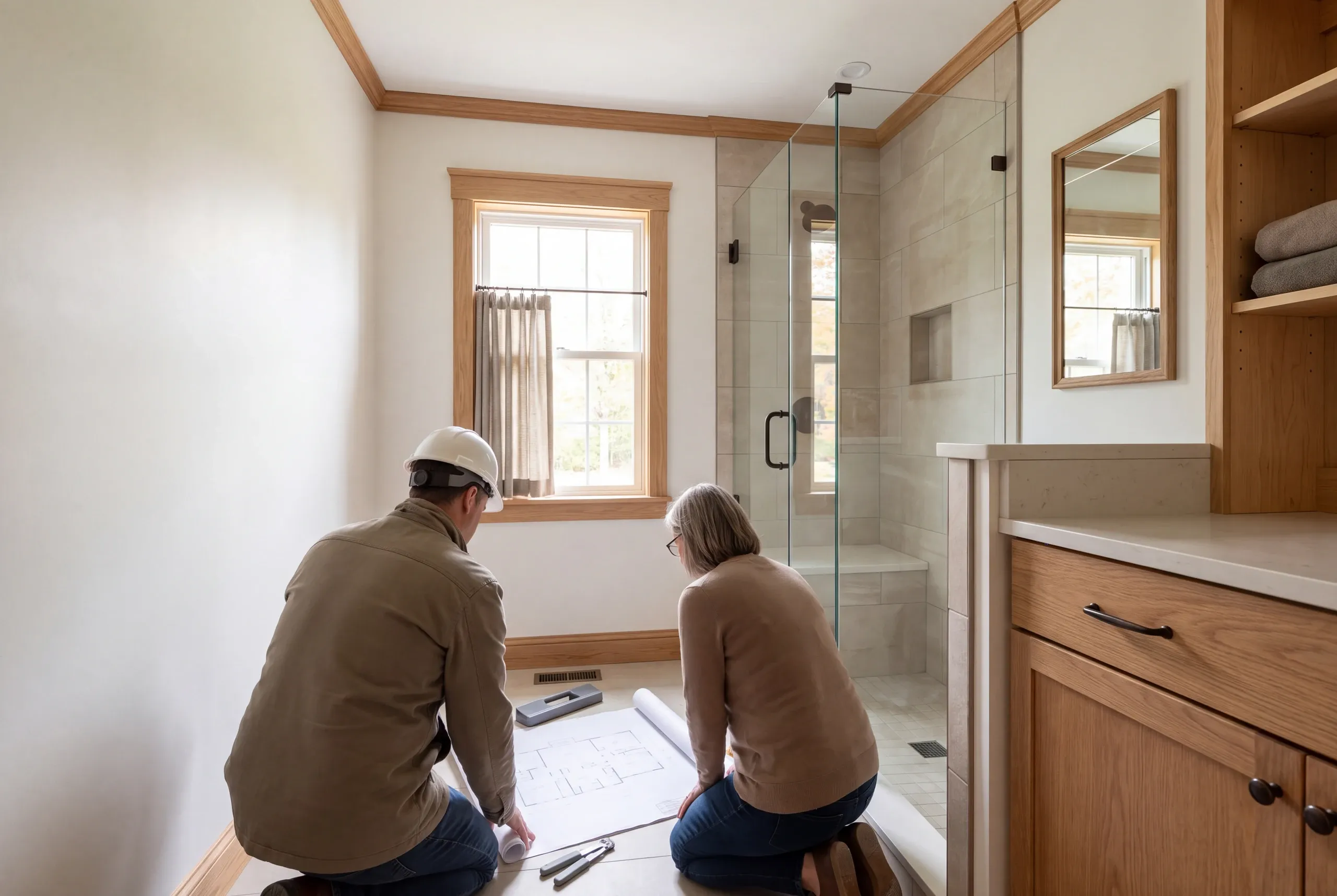 Two adults kneel on the floor reviewing a large architectural blueprint inside a brightly lit bathroom with a glass-enclosed shower and wooden cabinetry.