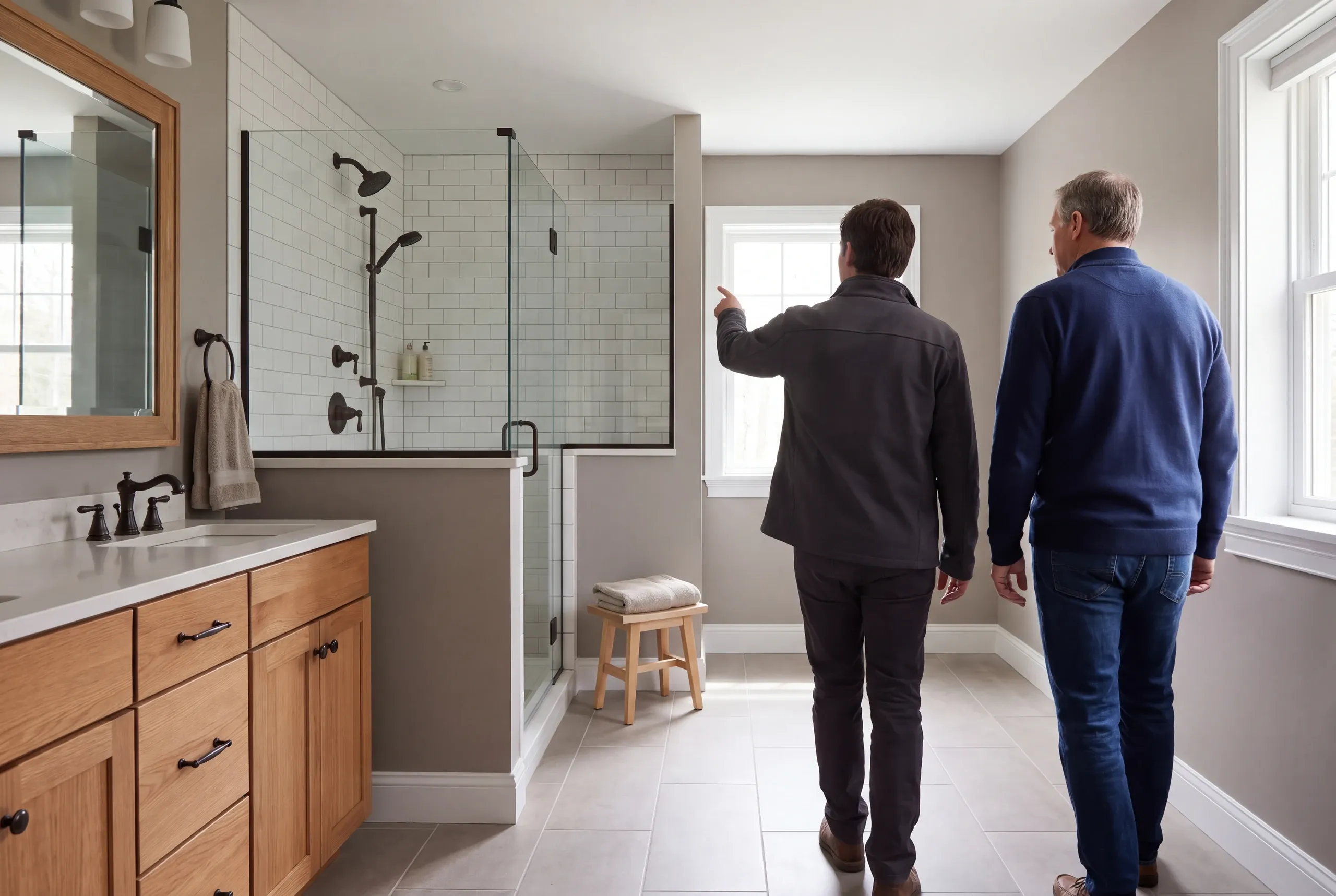 Two men viewed from behind walking through a remodeled bathroom containing a vanity and glass-enclosed shower.