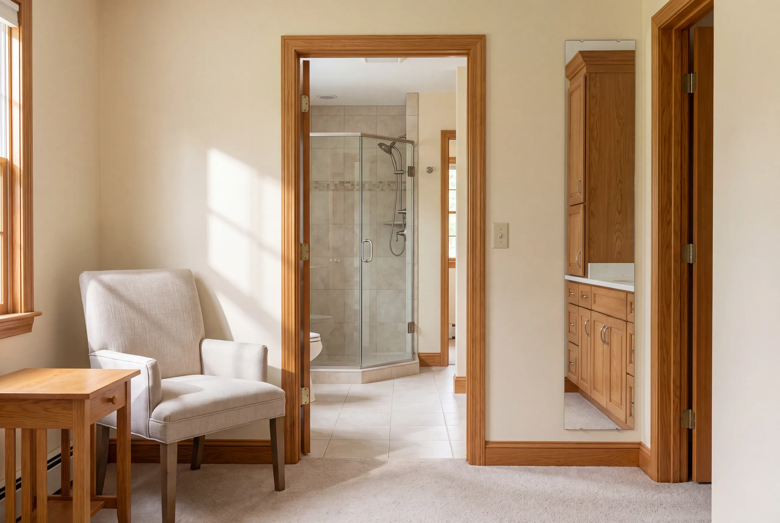 An upholstered armchair sits in a carpeted hallway next to a wooden side table, looking through an open doorway toward a finished tiled bathroom with a glass shower enclosure and a vanity reflected in a wall mirror.