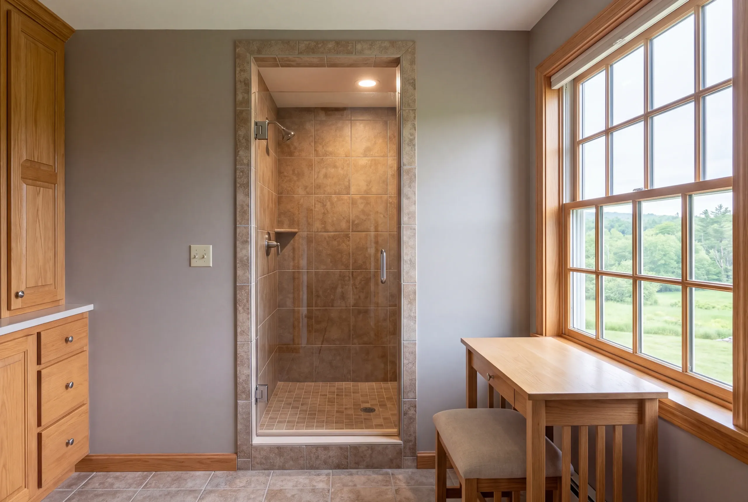 A finished tiled shower stall with a glass door next to a wooden desk and a window.