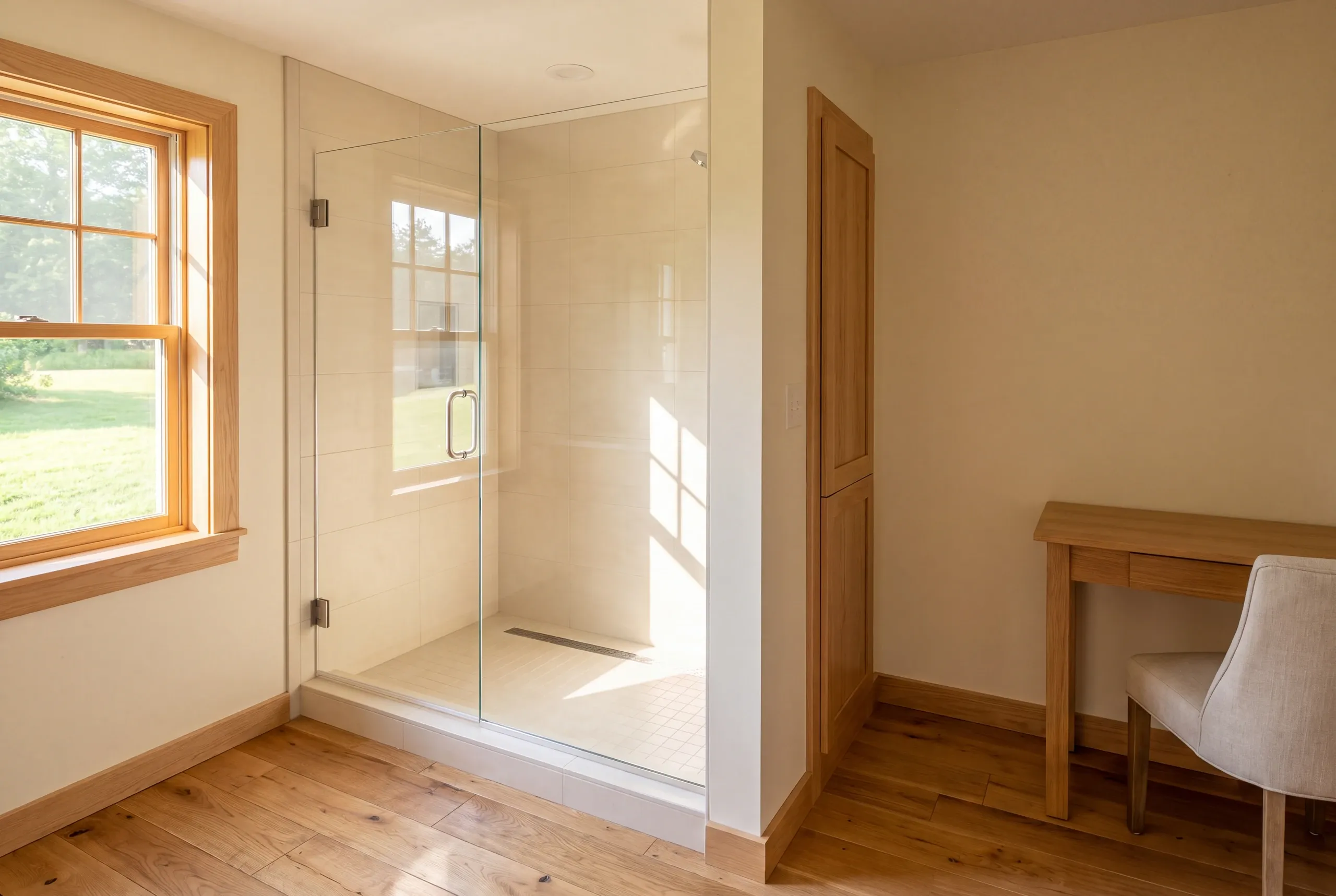 A tiled walk-in shower with a glass door next to a wooden desk and chair in a room with hardwood floors and a window.