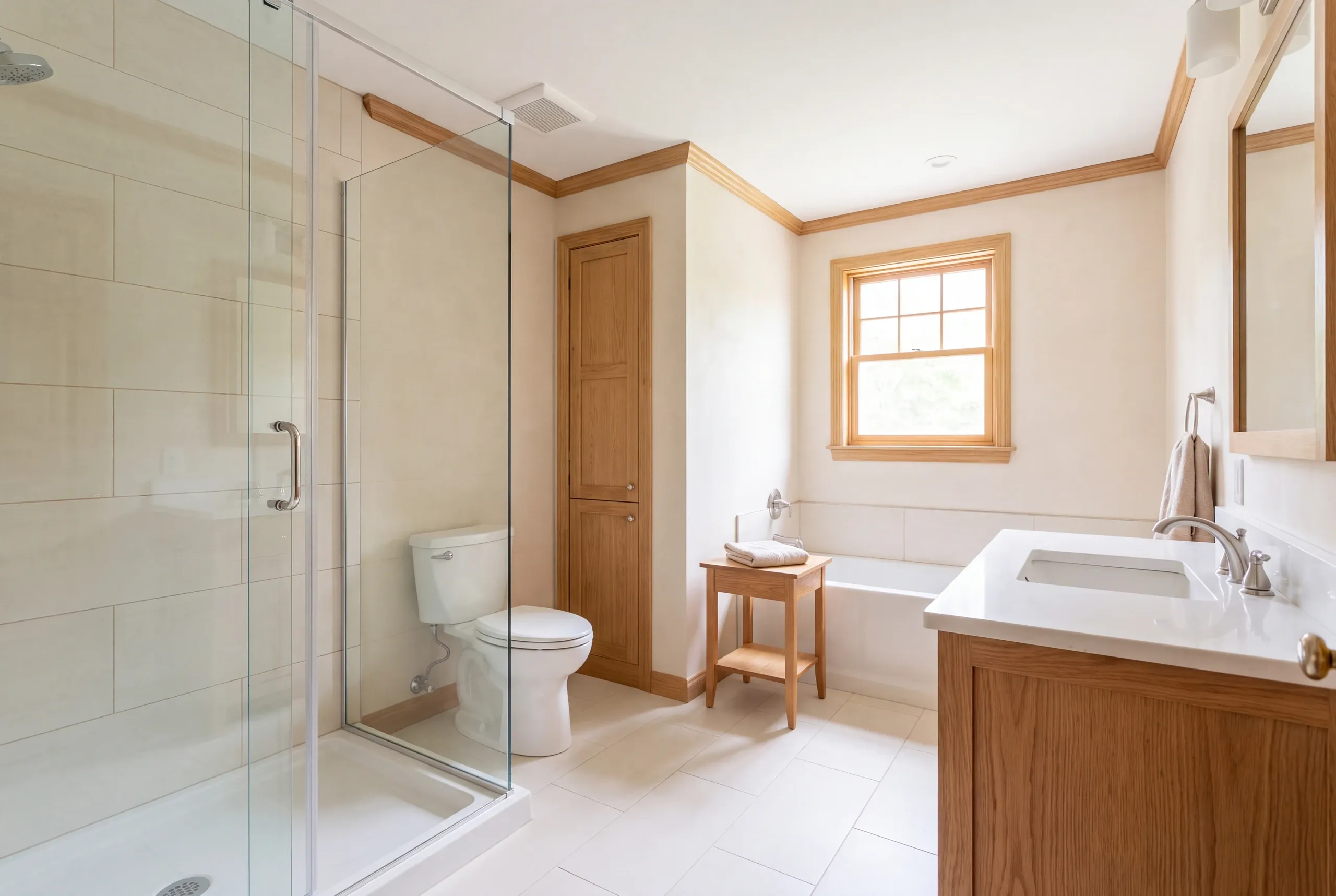 A fully remodeled bathroom featuring a glass-enclosed shower, a vanity with a white countertop, a toilet, and a bathtub under a window.