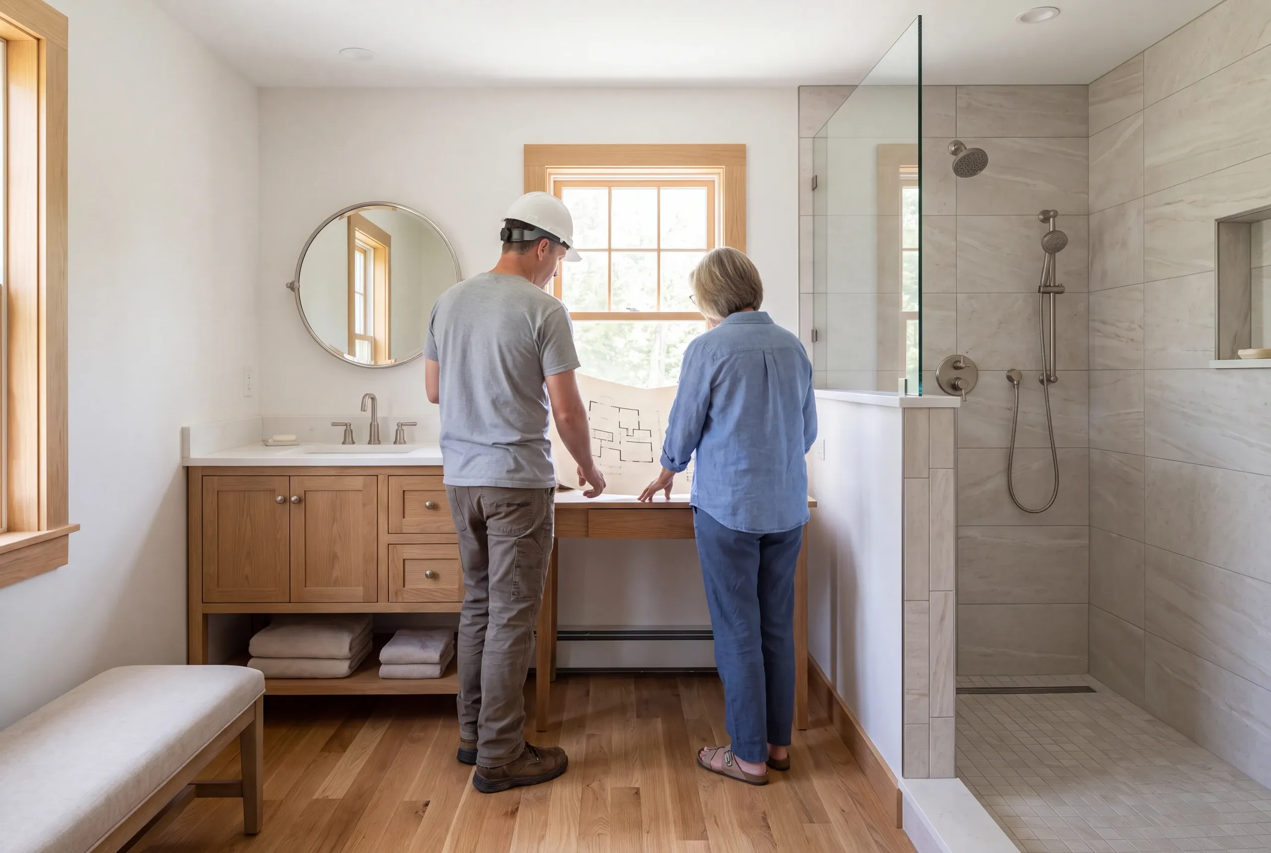 Two people viewed from behind look at a blueprint inside a remodeled bathroom with a tiled shower and wooden vanity.