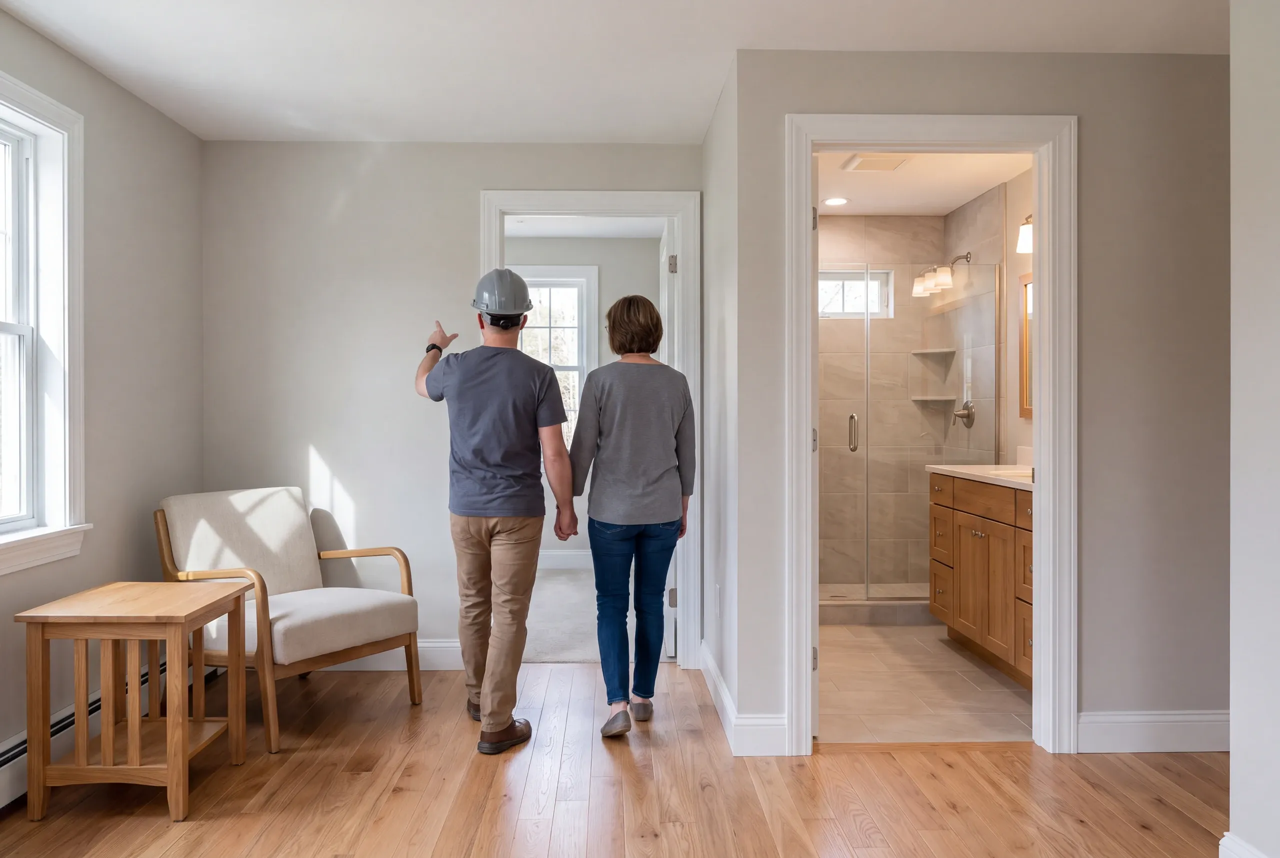 Two adults seen from behind walking away through a room toward an open doorway revealing a finished bathroom with a shower and vanity.